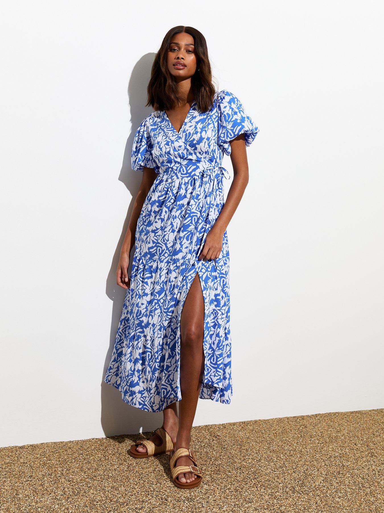 undefined Blue Abstract Print Puff Sleeve Wrap Midi Dress