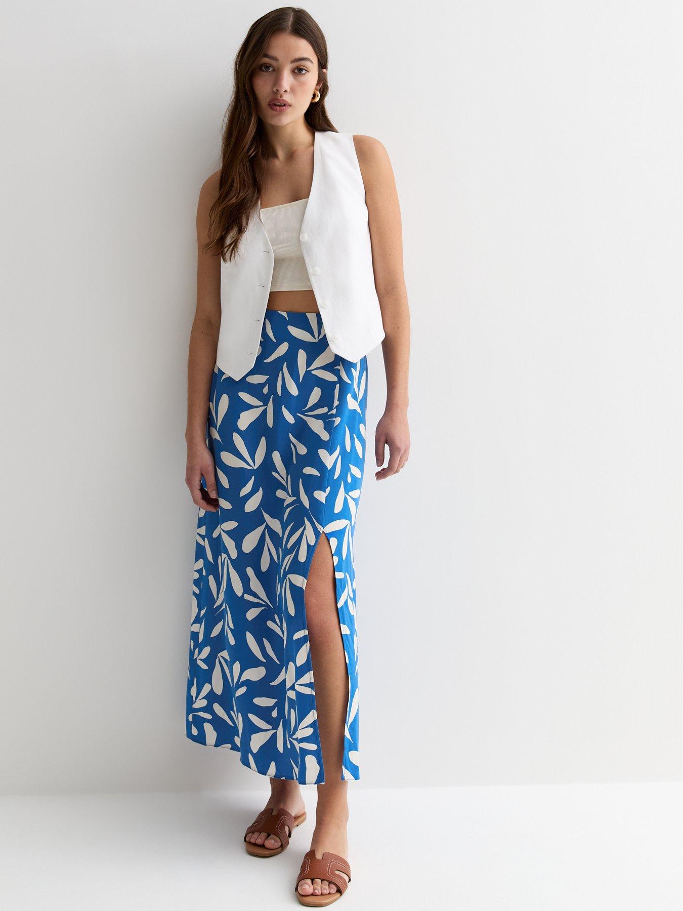New Look Blue Leaf Print Split Hem Midi Skirt Very