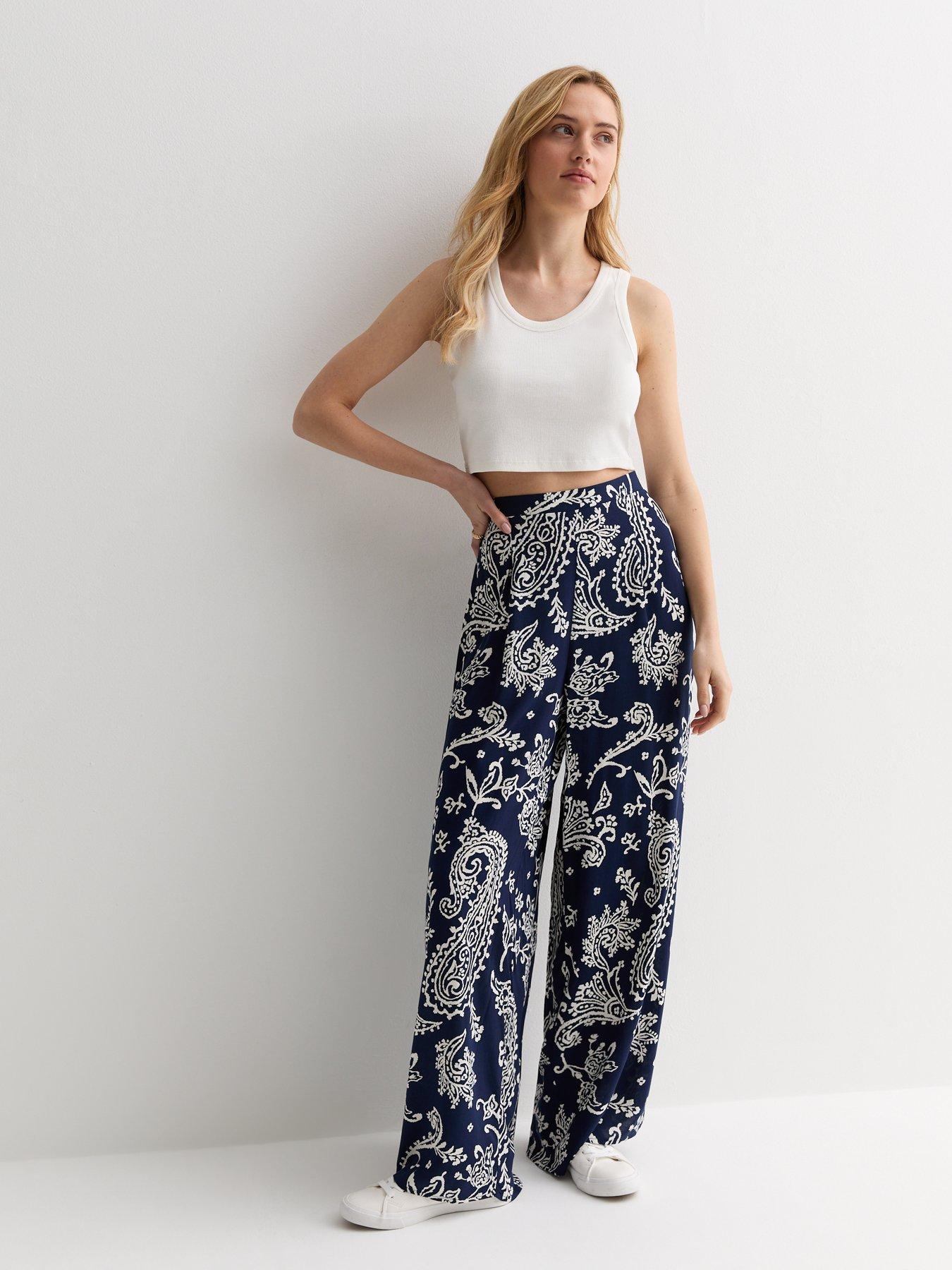 undefined Navy Paisley Print Wide Leg Trousers