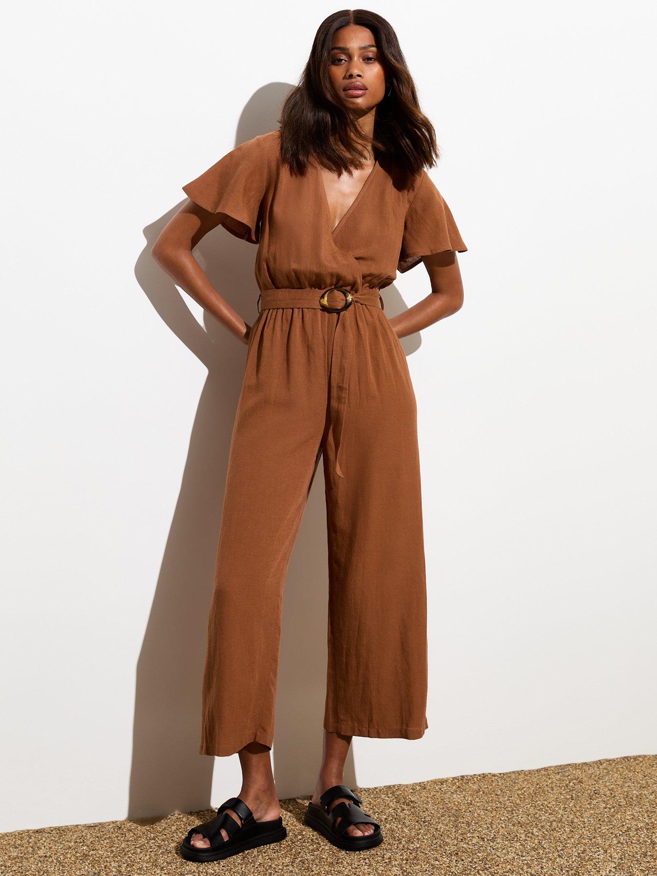 undefined Rust Belted Wrap Wide Leg Jumpsuit