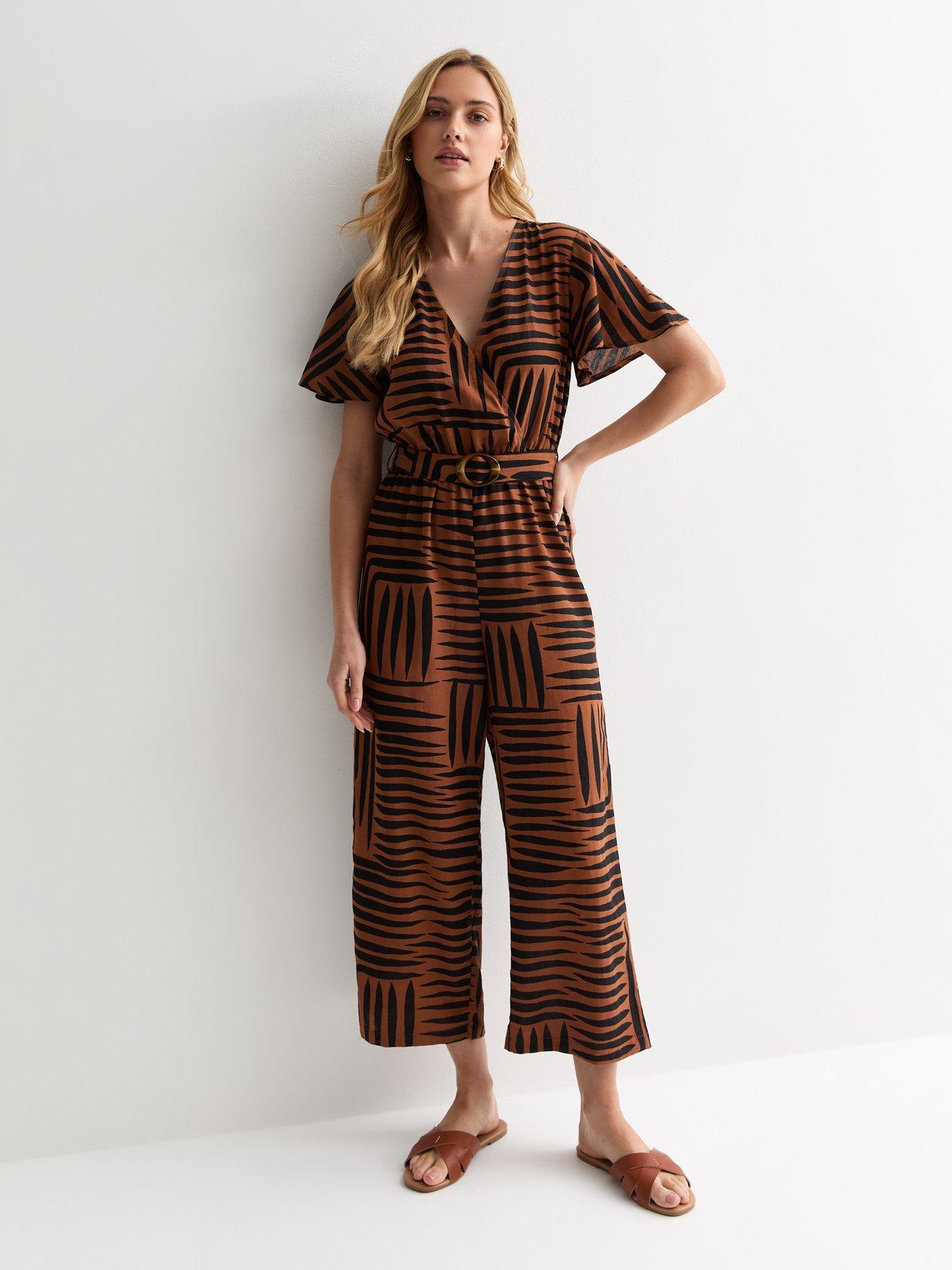 undefined Brown Line Print Belted Wrap Jumpsuit