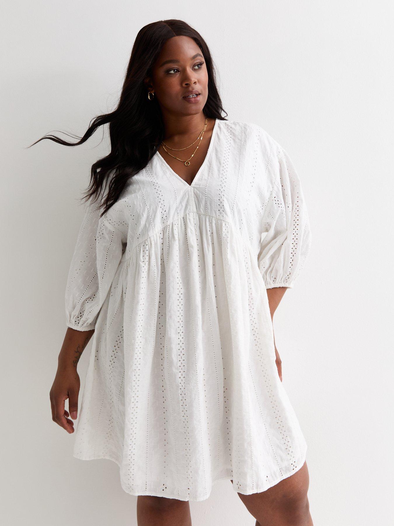 Curves White Cotton Embroidered Mini Smock Dress