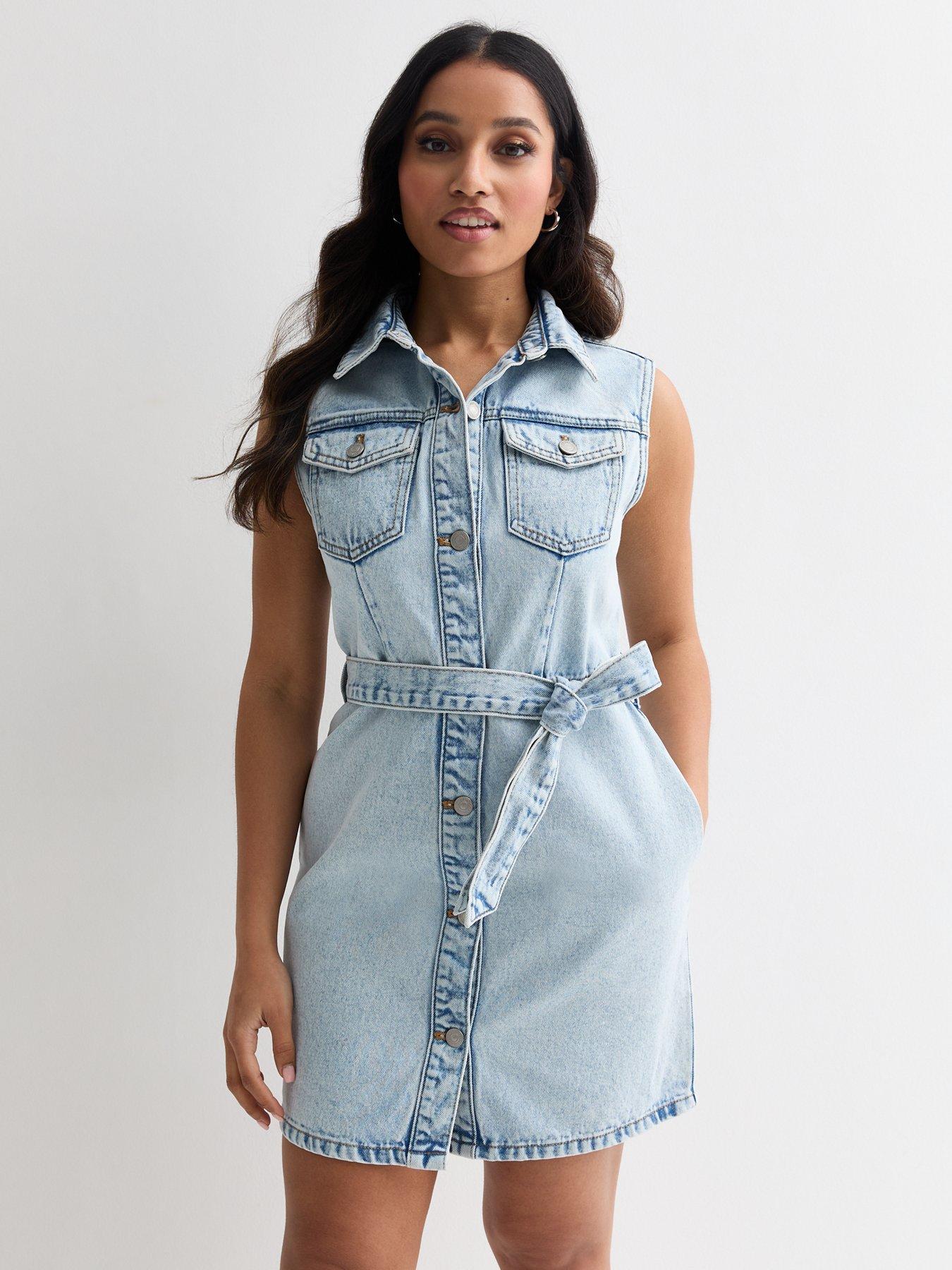 New Look Petite Pale Blue Denim Sleeveless Belted Mini Dress | Very.co.uk