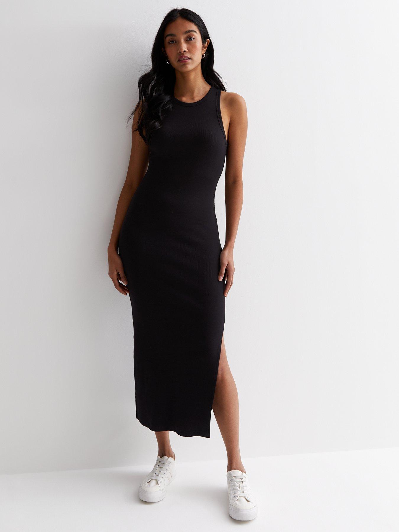 Black Ribbed Racer Bodycon Midi Dress