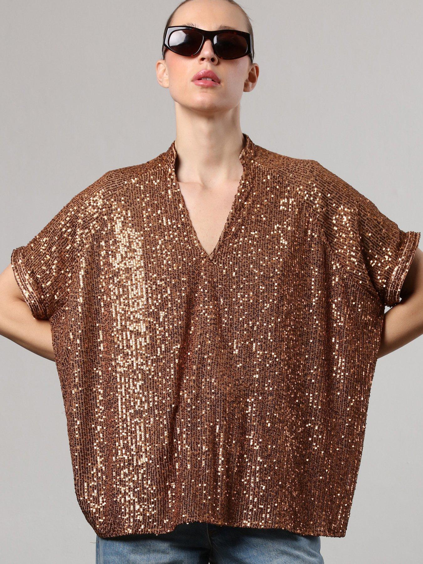 Religion Metallic Oversized Tunic Blouse In Sequin Brown Very