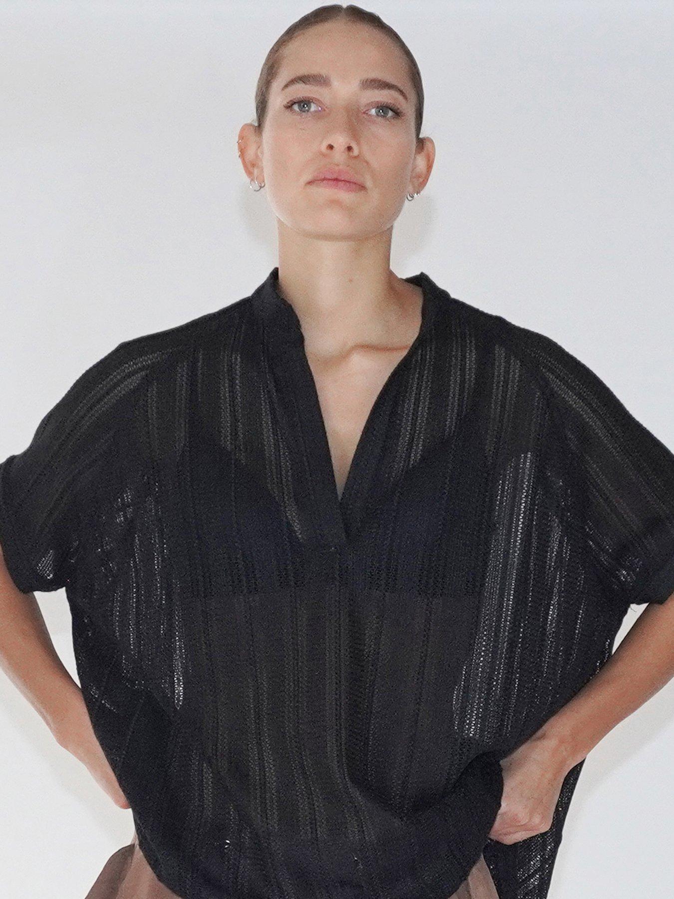 undefined Oversized Sheer Crochet Shirt Blouse - Black