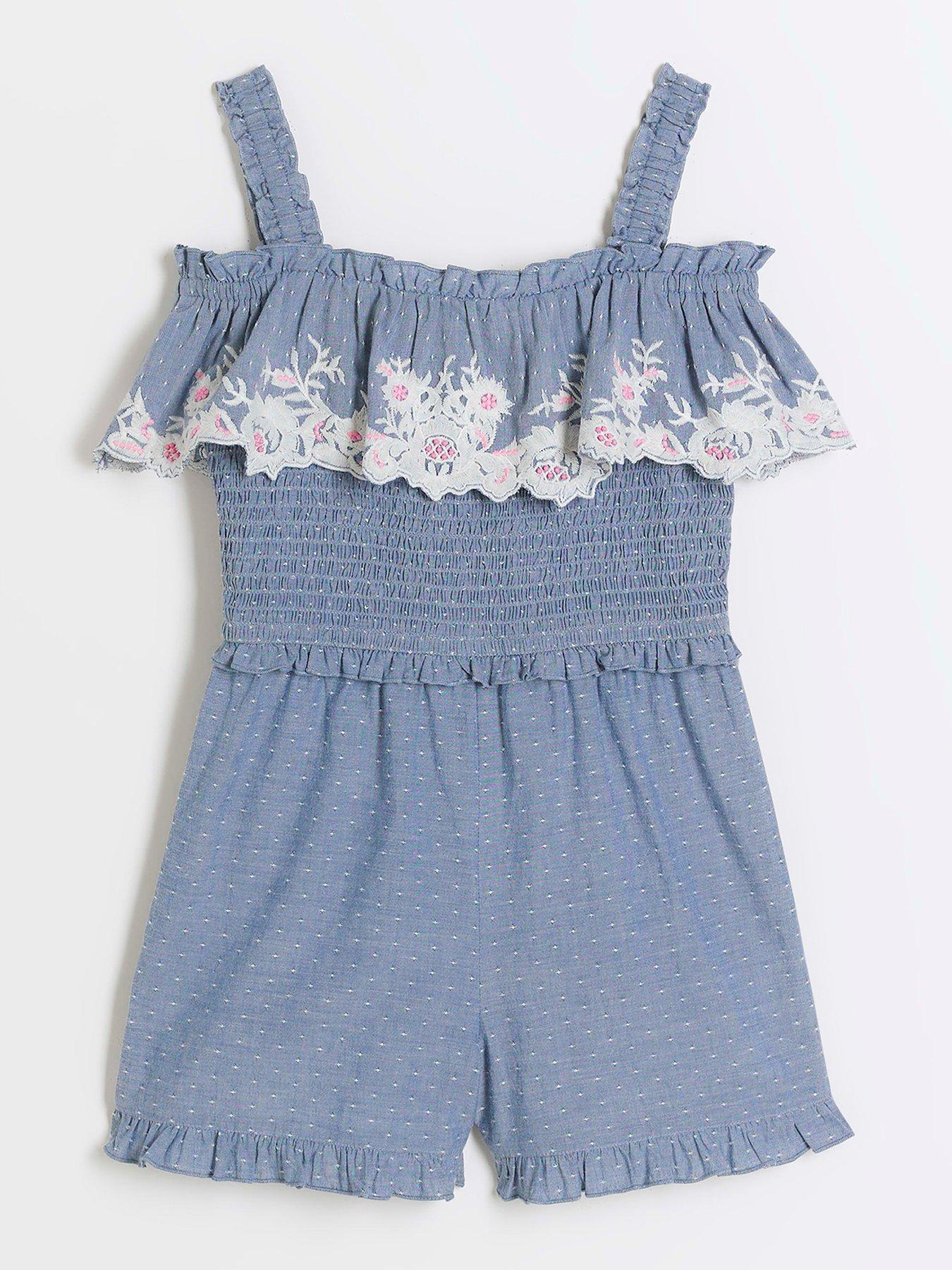 River Island Girls Embroidered Frill Playsuit Blue Very