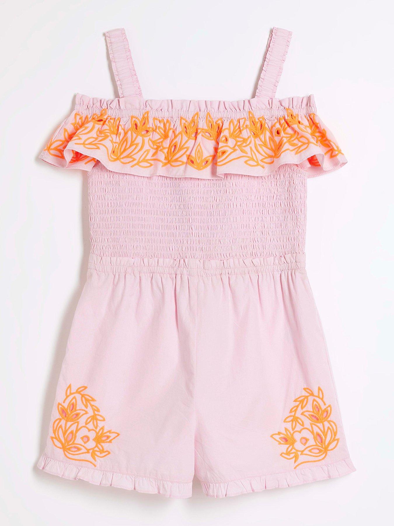 river island girls embroidered playsuit - orange