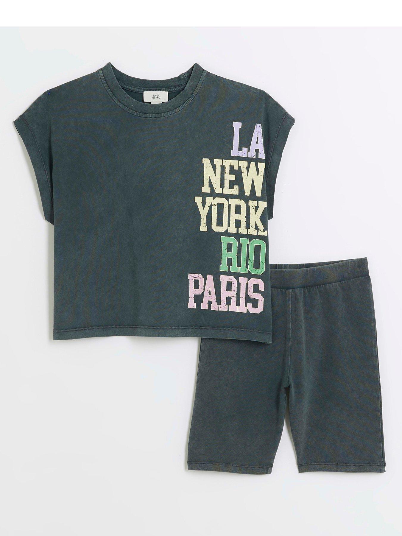 river island girls t-shirt and cycling shorts set - grey