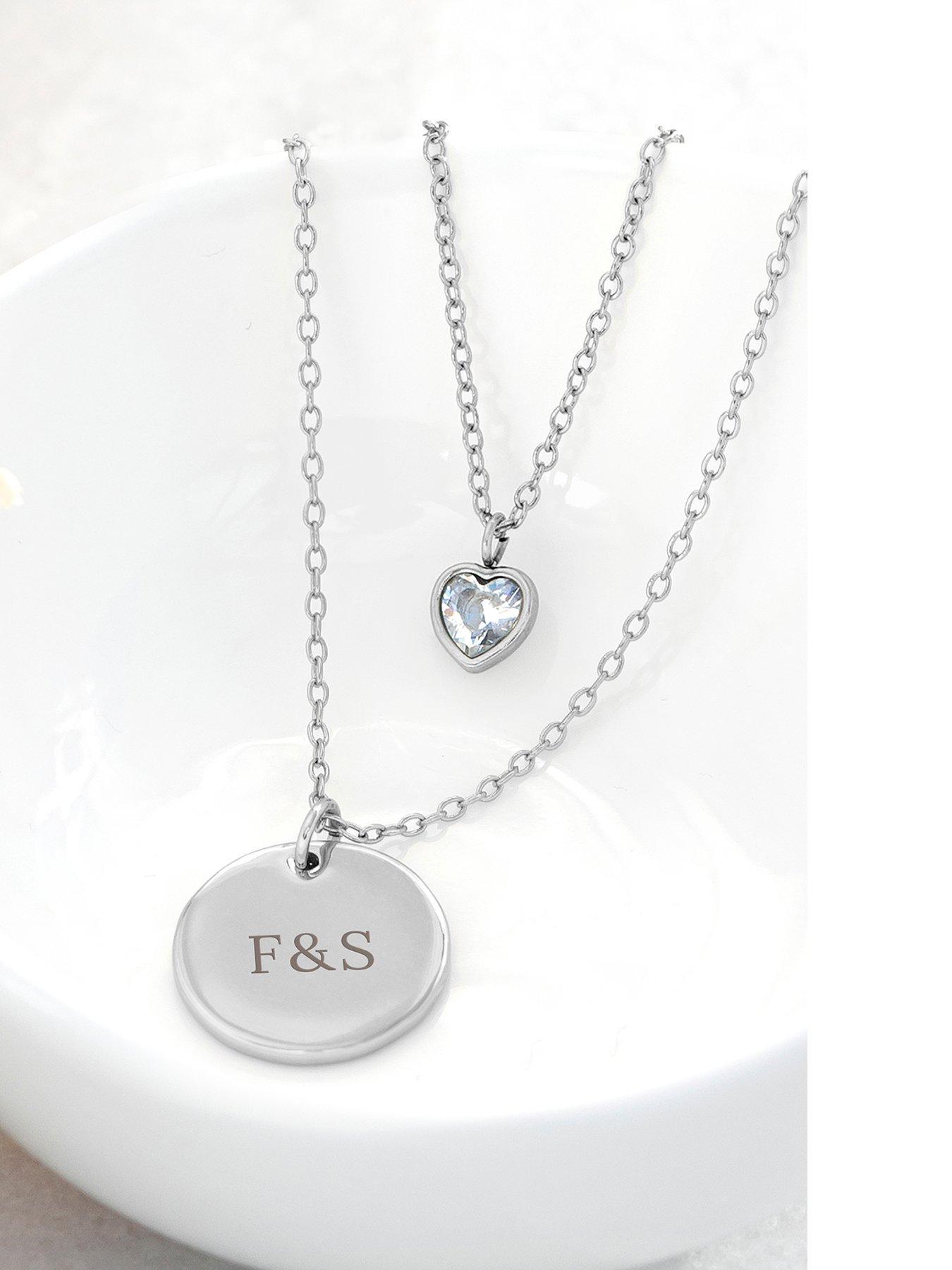 undefined Personalised Layered Crystal Heart and Disc Necklace in Silver