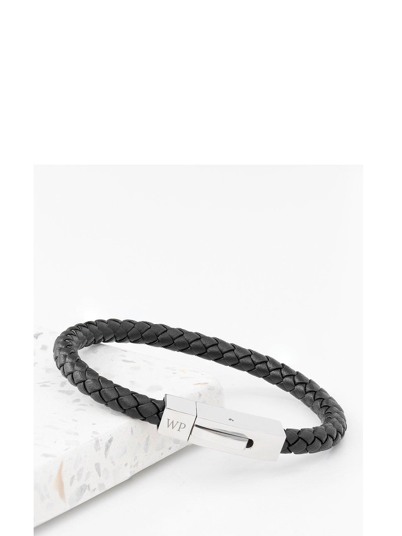 undefined Personalised Mens Black Leather Bracelet with Tube Clasp