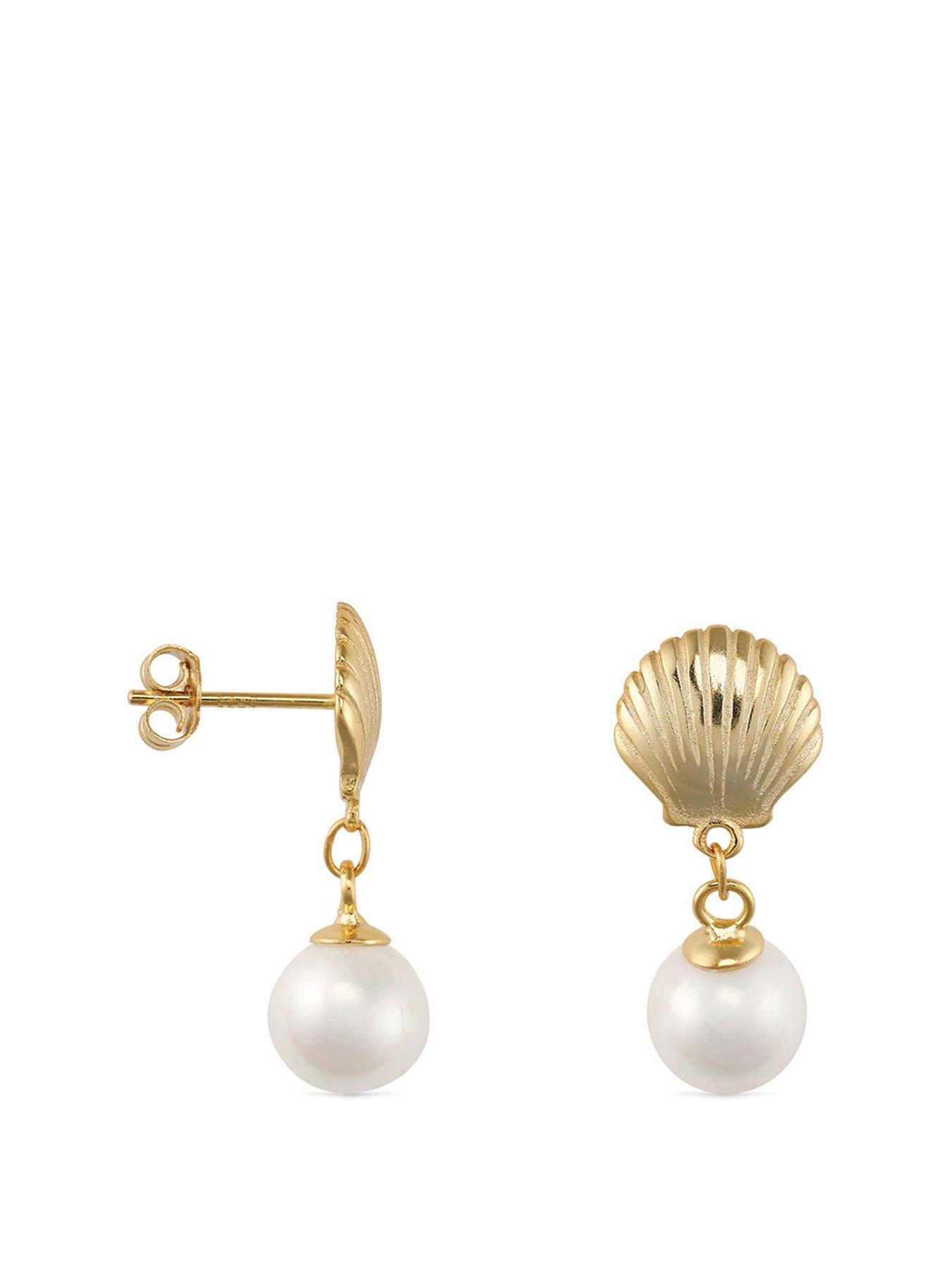 Product photograph of Elk Bloom 18k Gold Plated Shell Pearl Mermaid Stud Earrings from very.co.uk