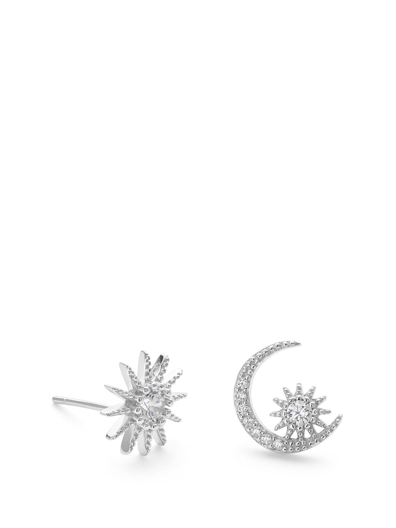 Product photograph of Elk Bloom Sterling Silver Star And Crescent Moon Earrings - Silver from very.co.uk