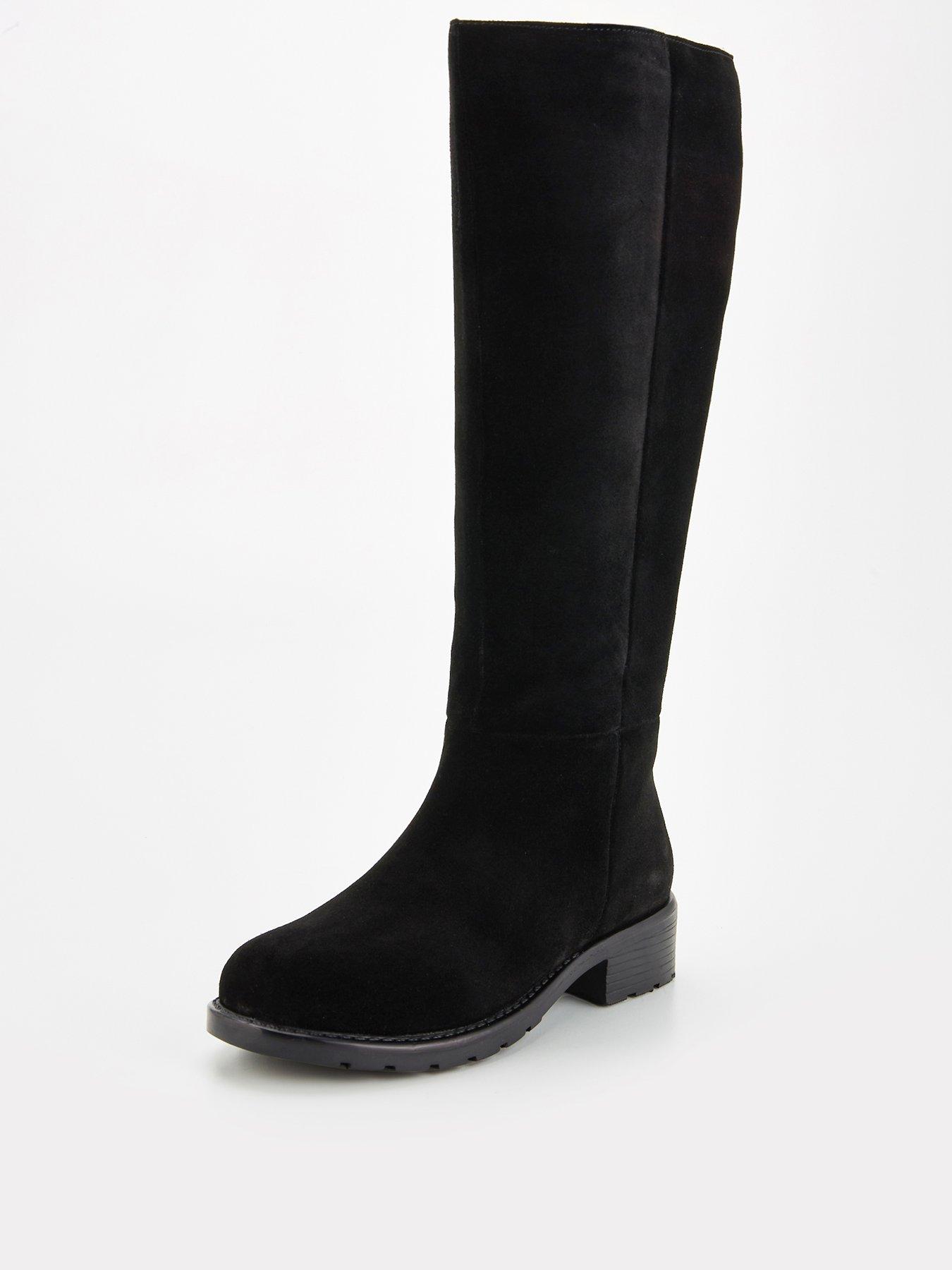 V by Very Real Suede Flat Knee Boot Black Very
