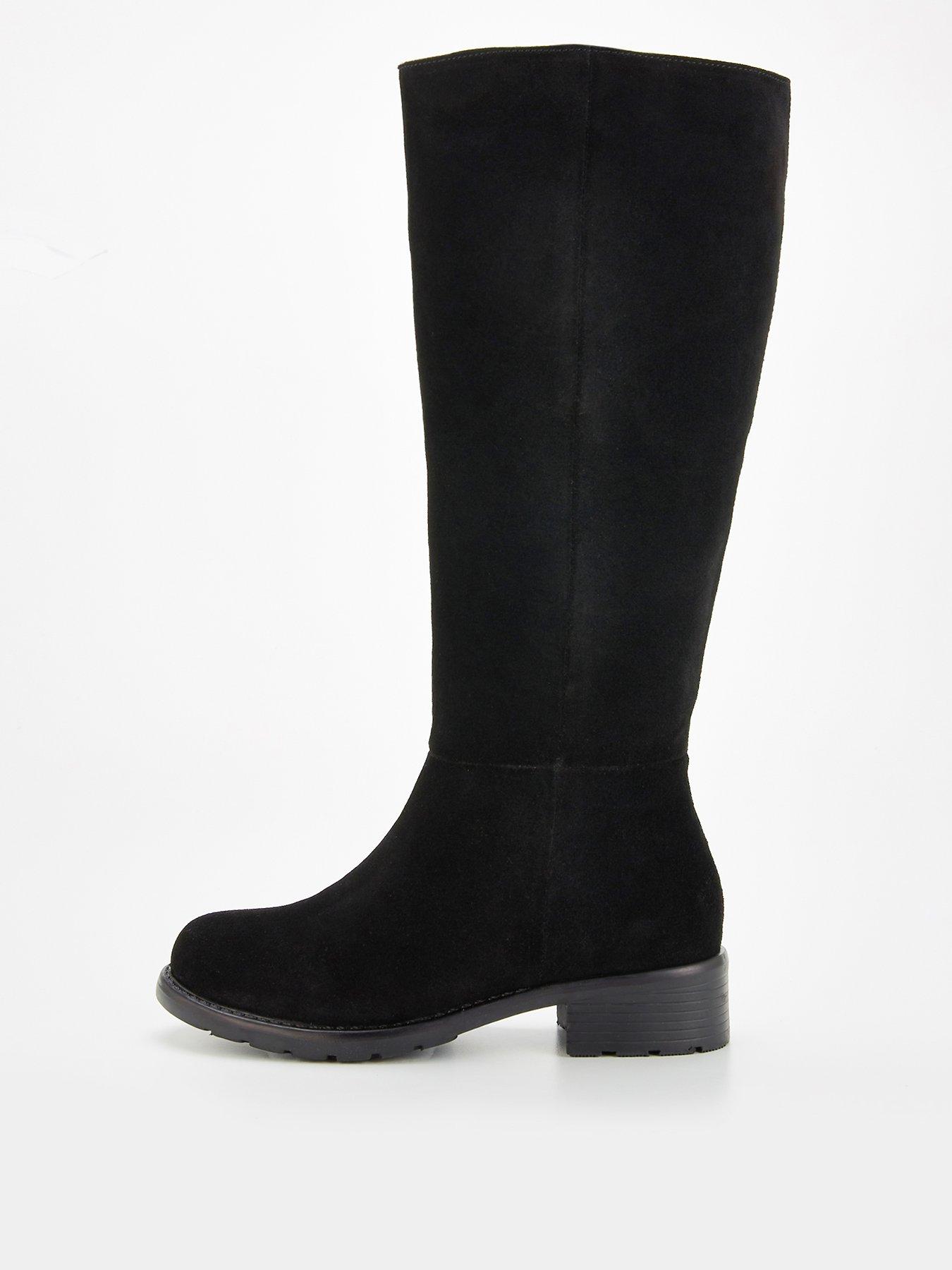 undefined Wide Fit Real Suede Flat Knee Boot - Black