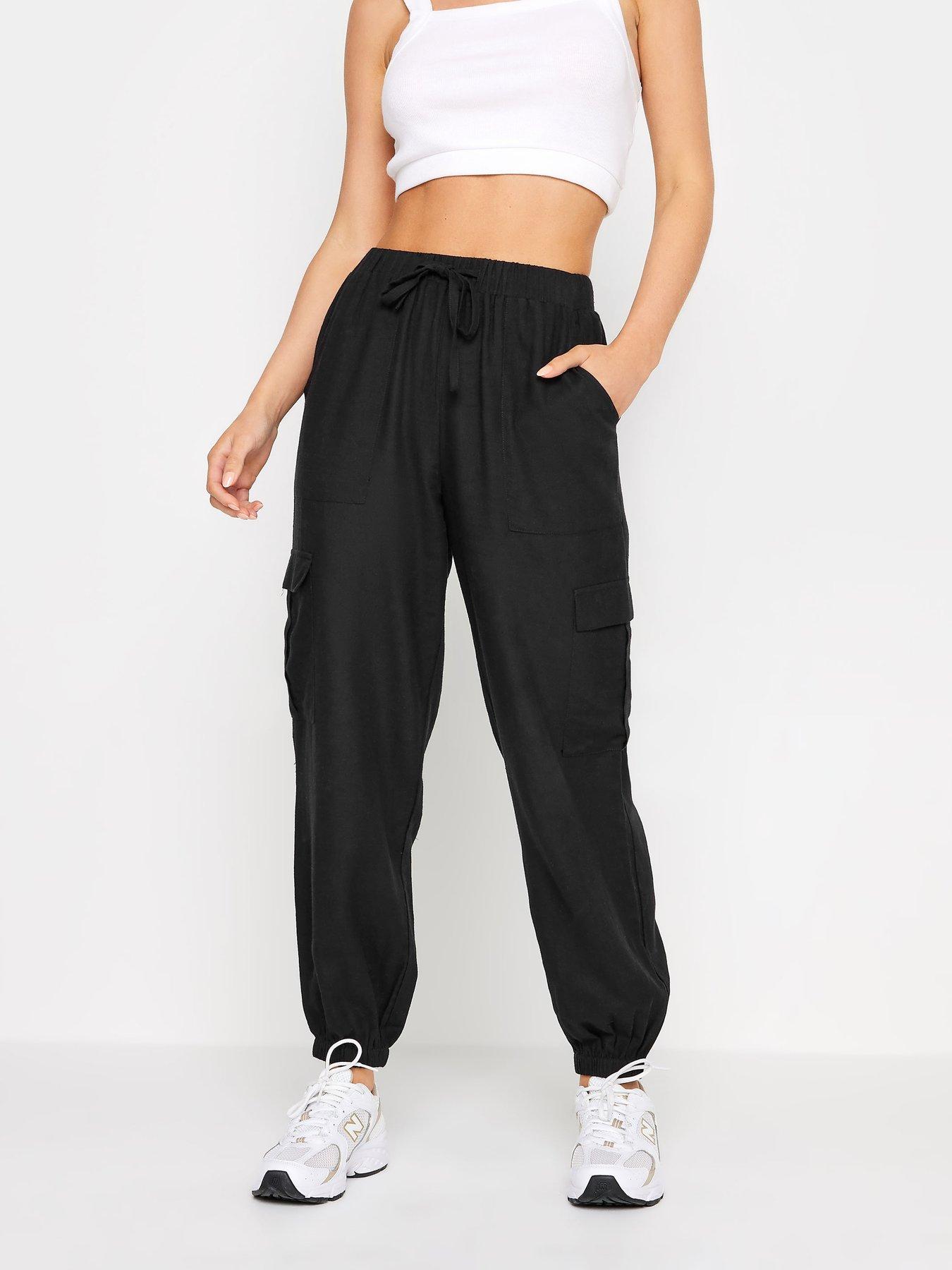 undefined Petite Black Linen Blend Cargo Trousers