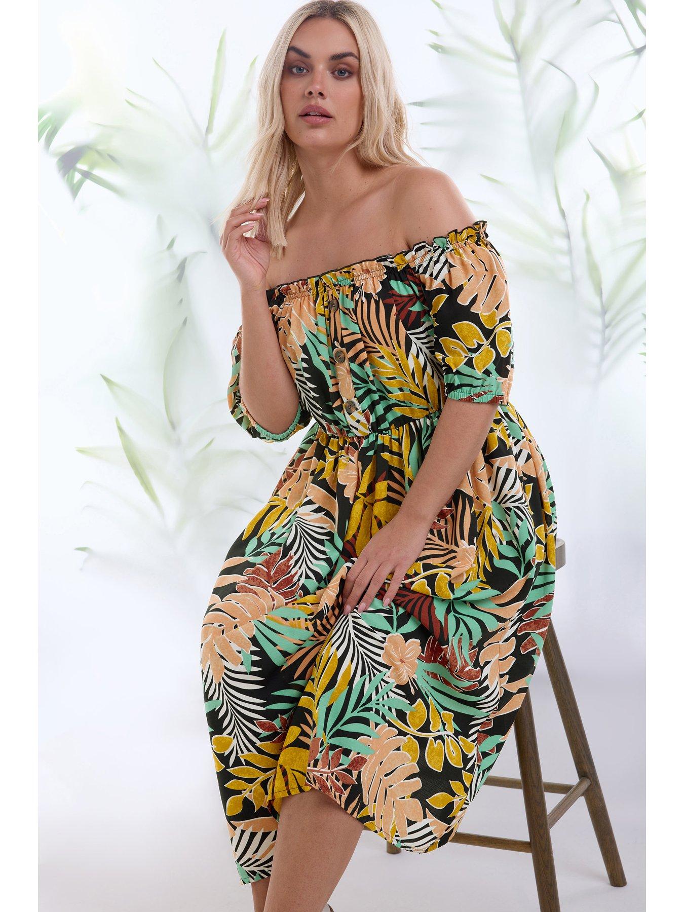 Yours Curve Bardot Utility Midaxi Dress Burnt Palms - Black