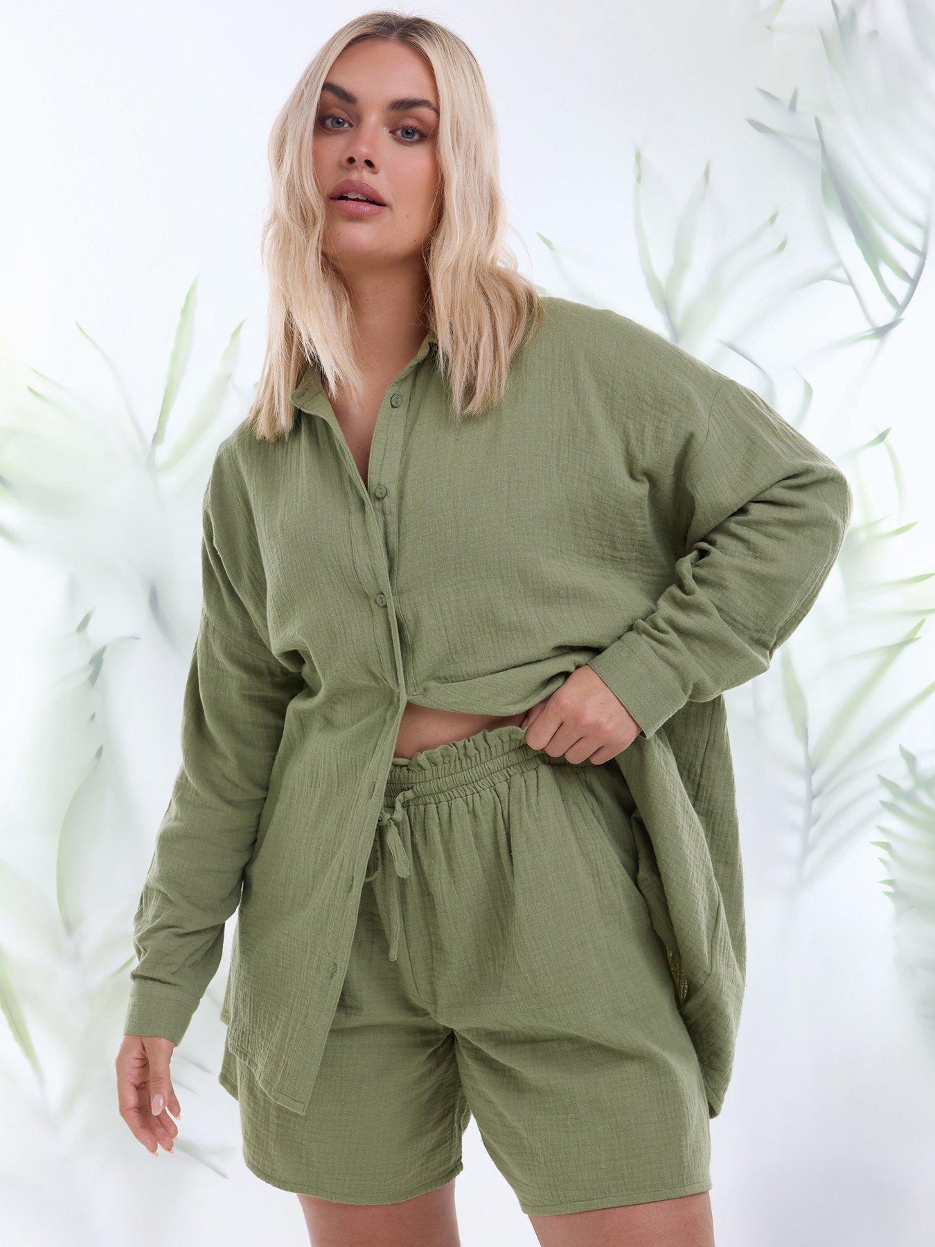 Yours Curve Cheesecloth Shorts Khaki