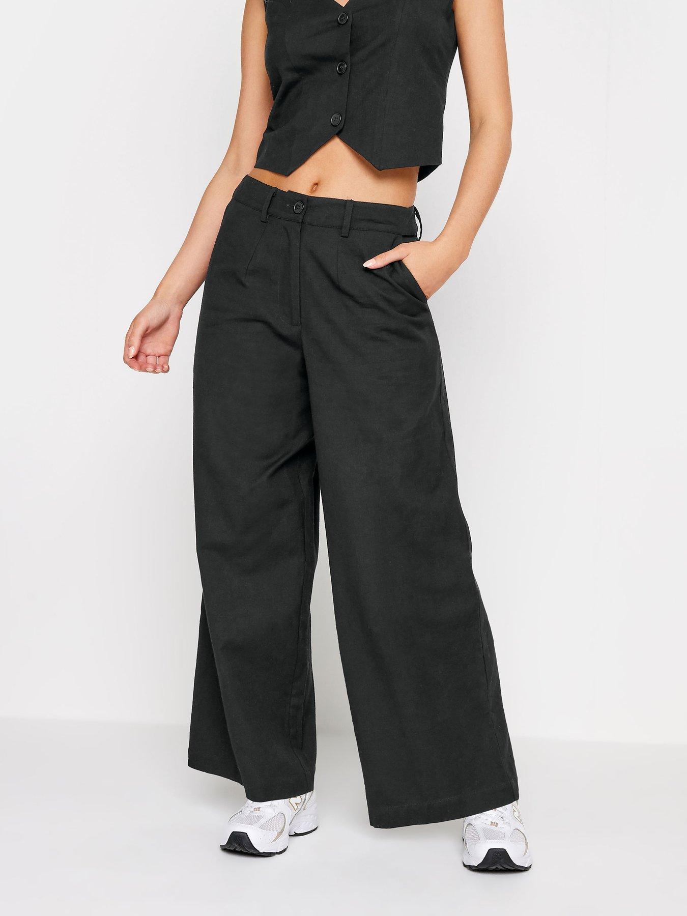 PixieGirl Petite Black Linen Blend Wide Leg Trousers | Very.co.uk