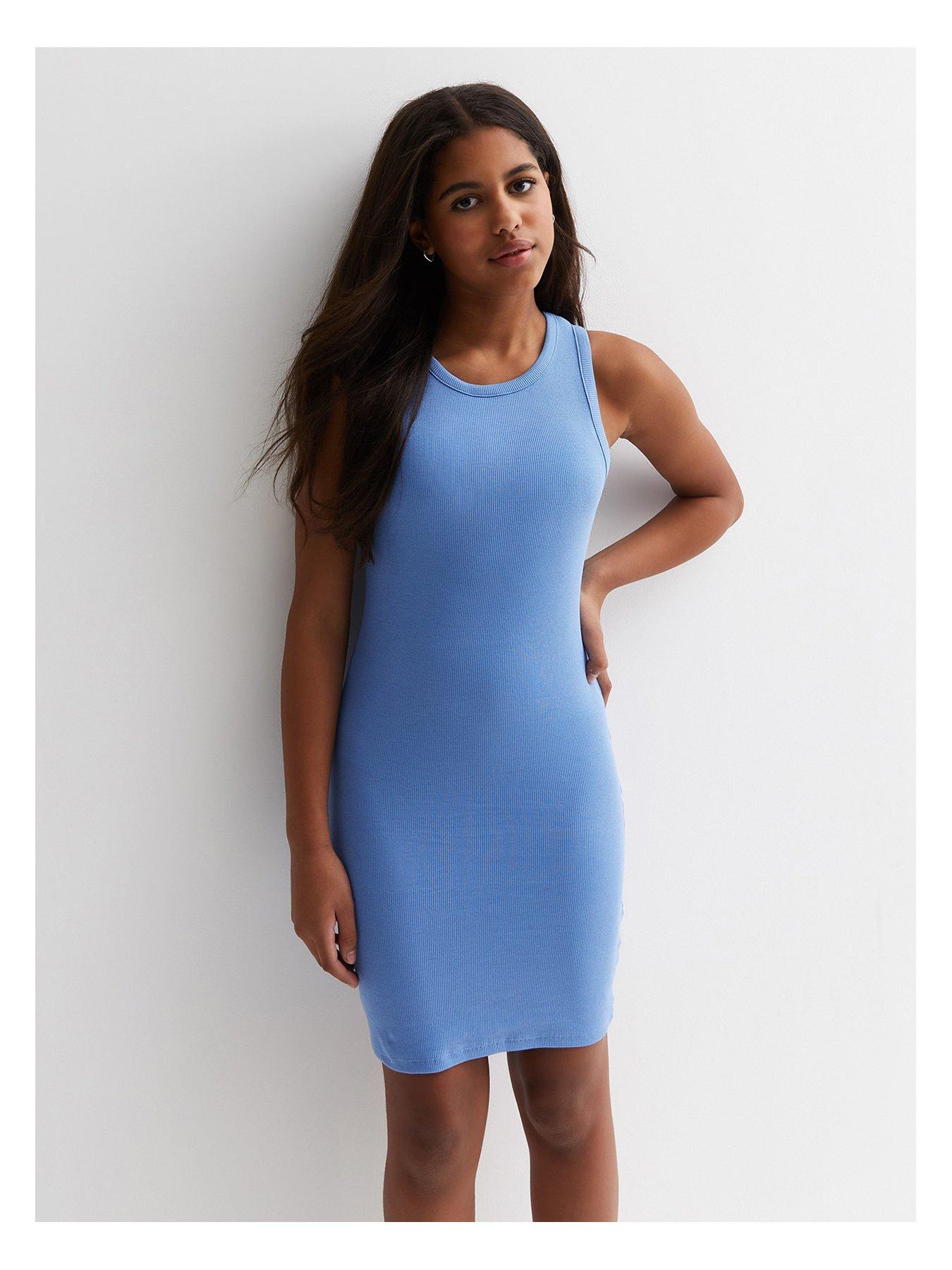 undefined Girls Blue Ribbed Racer Dress