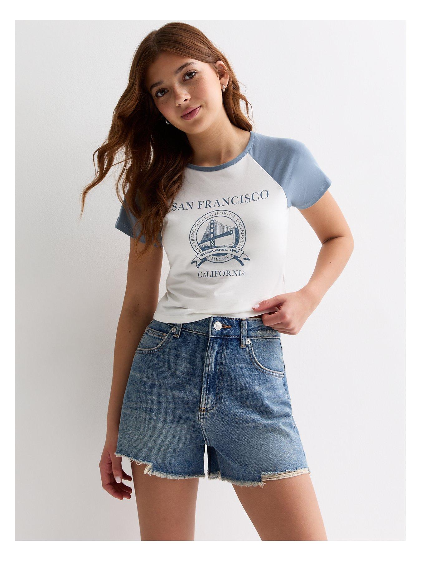 New Look 915 Girls Teal Vintage Fray Hem Mom Shorts Very