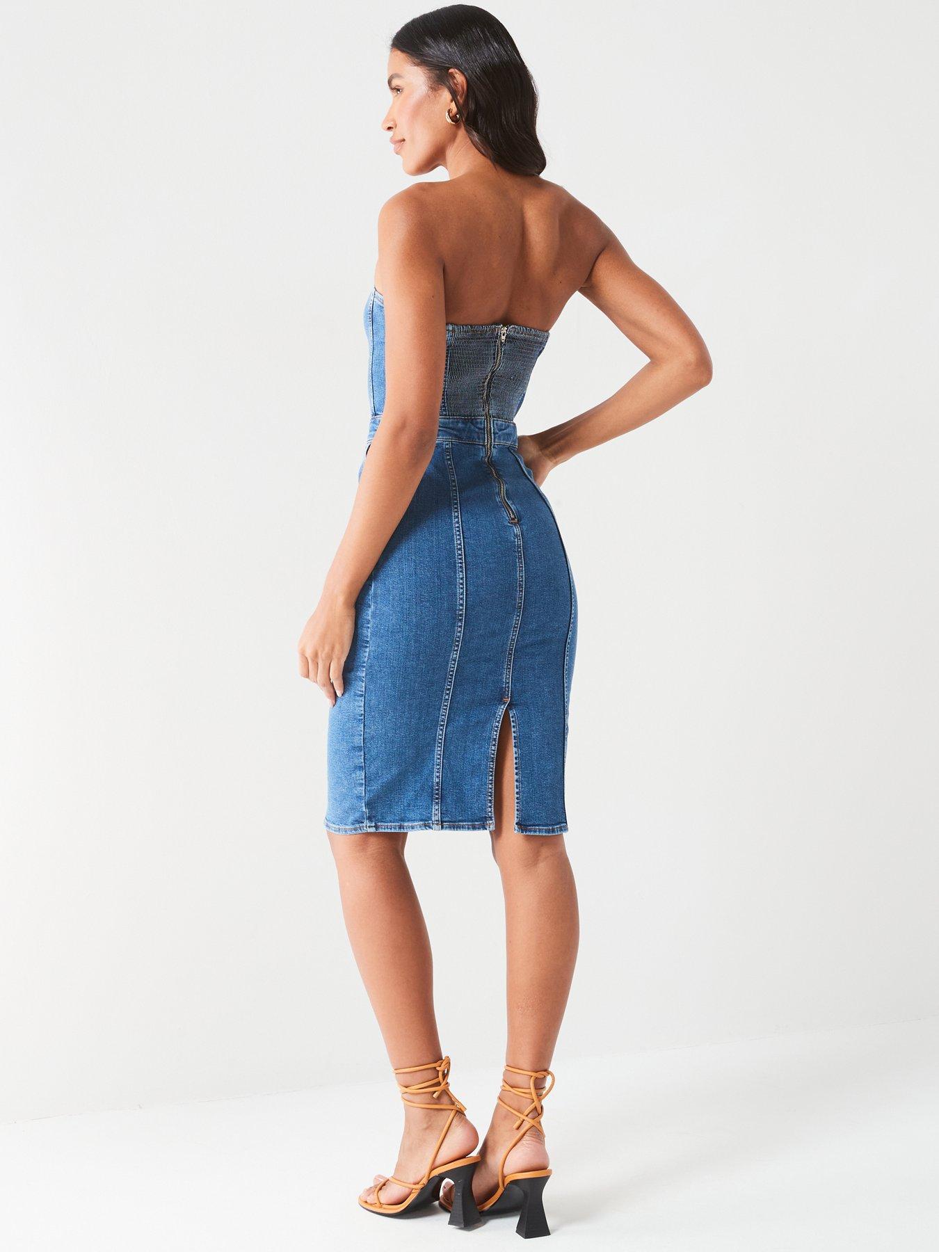 Image 2 of 5 of V by Very Bandeau Denim Dress - Mid Wash