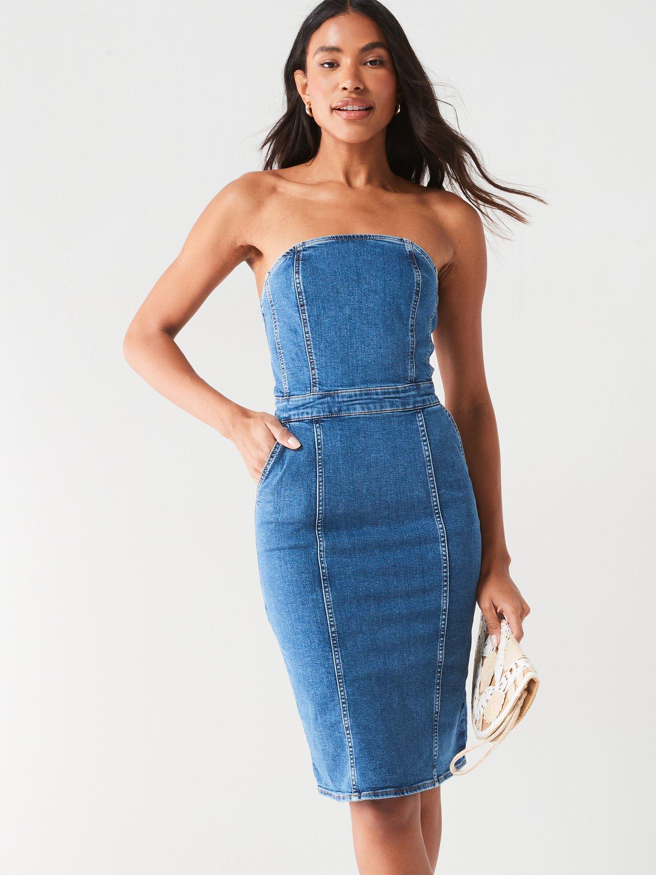 Image 4 of 5 of V by Very Bandeau Denim Dress - Mid Wash