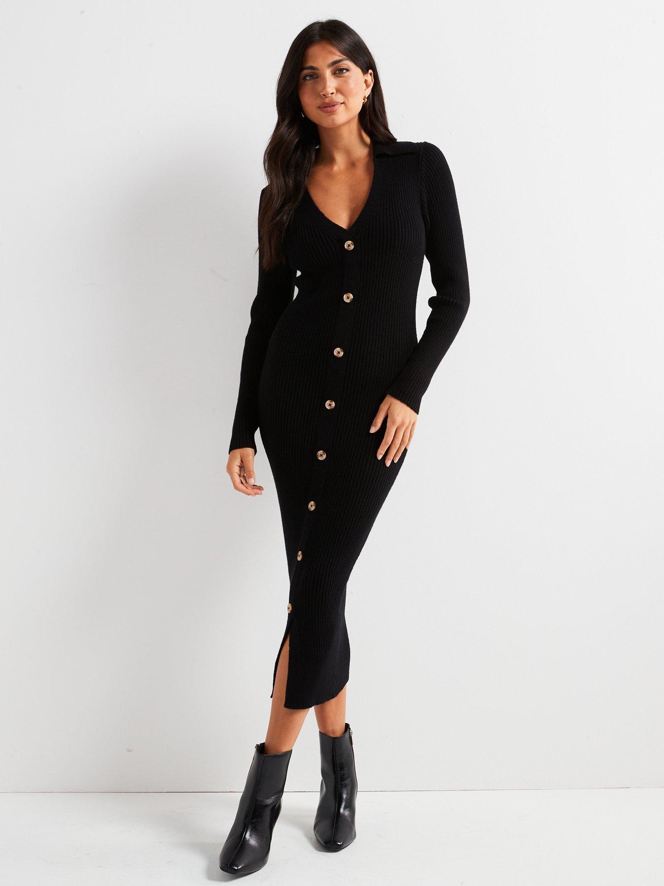 undefined Collared Button Front Midi Dress - Black