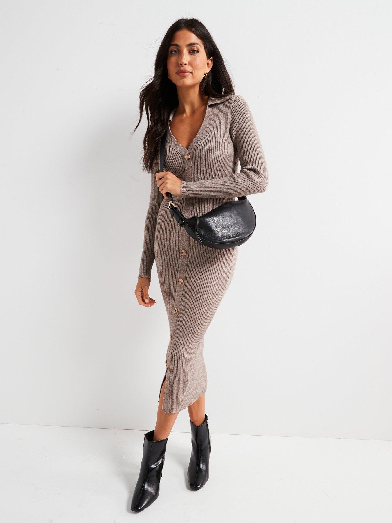 undefined Collared Button Front Midi Dress - Brown