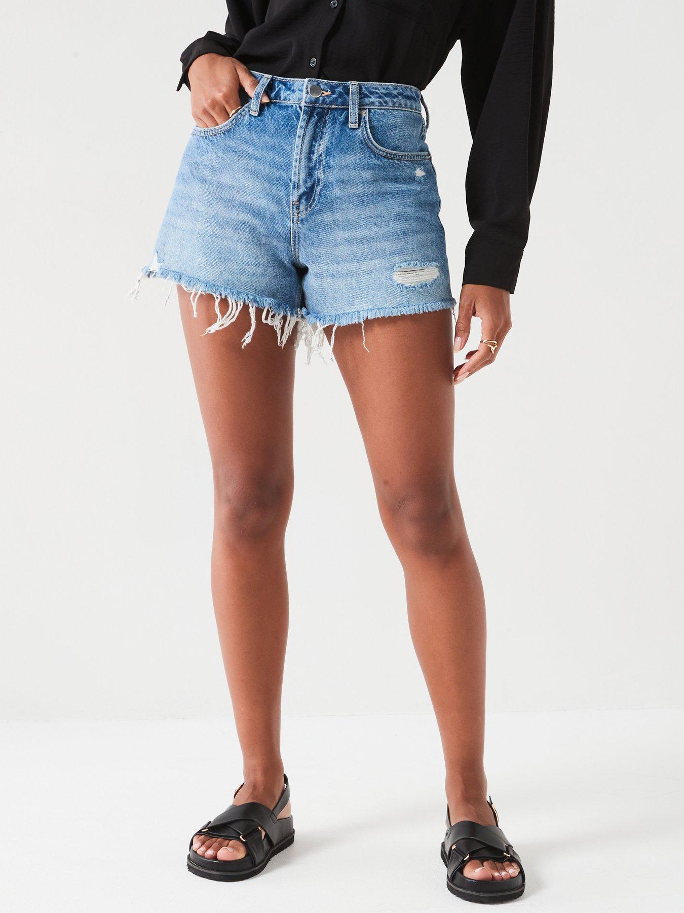 V by Very Distressed Hem Denim Shorts Mid Wash Very