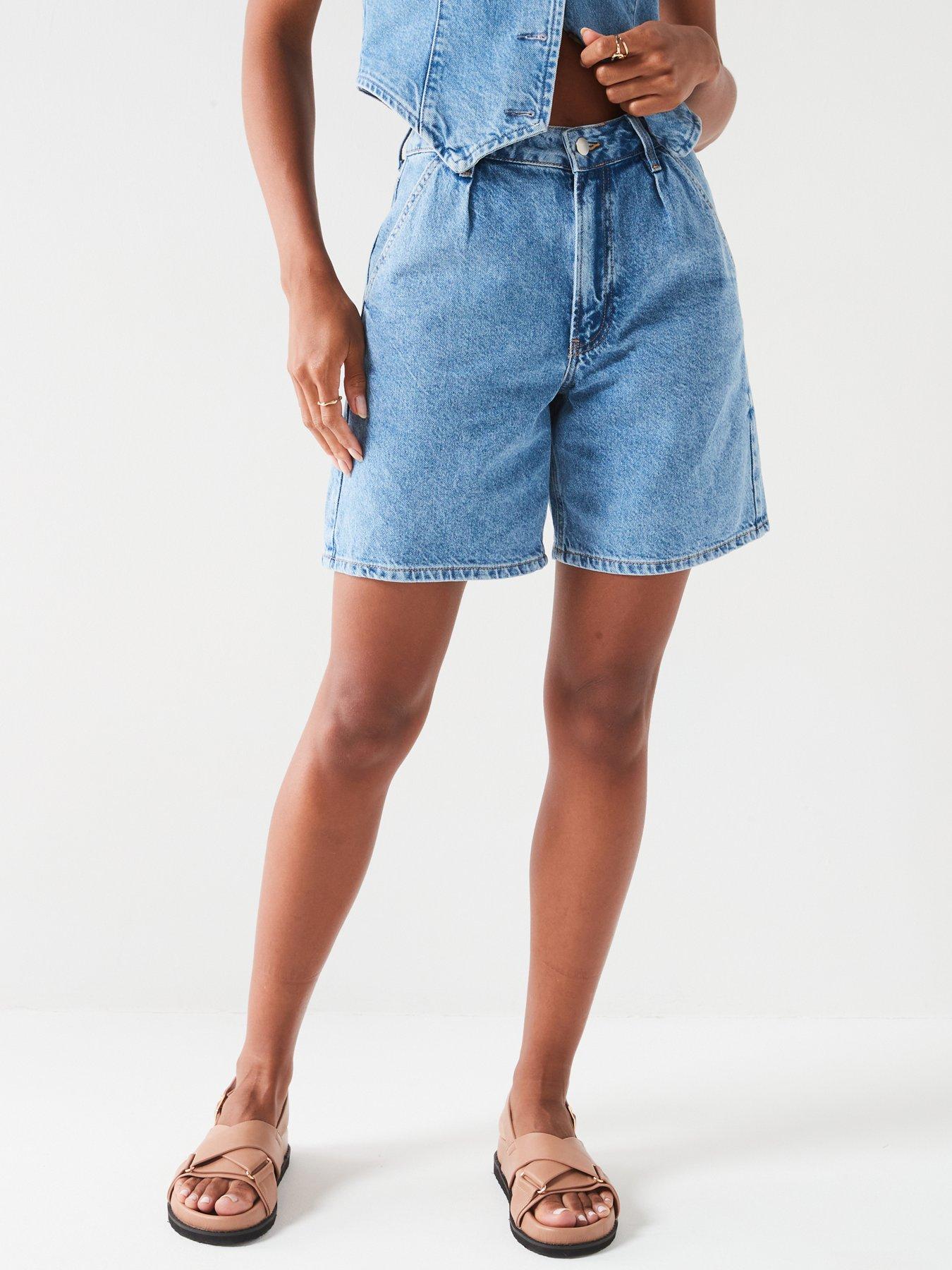 undefined Pleat Soft Denim Longline Shorts - Mid Wash