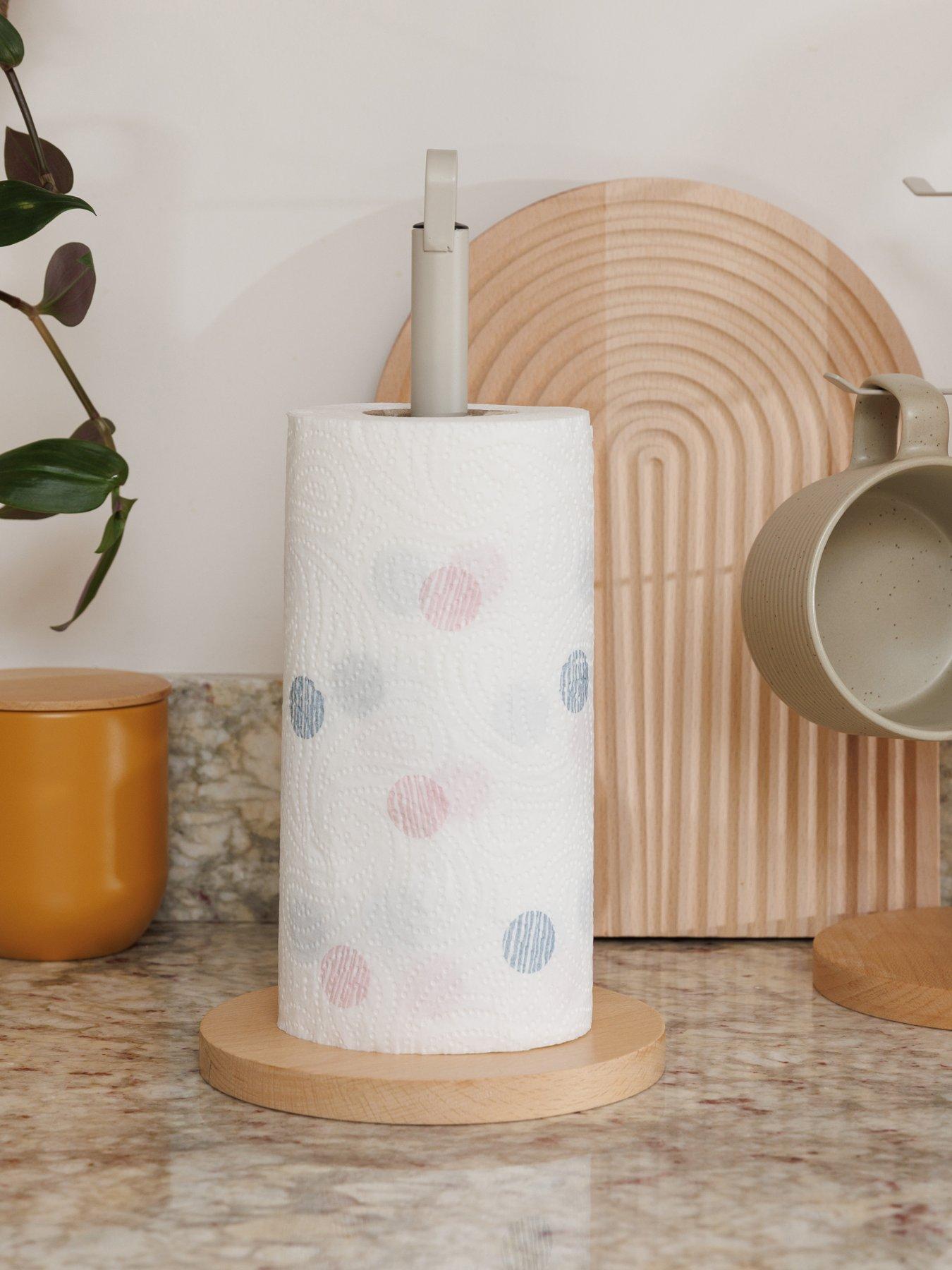 Image 1 of 4 of KitchenCraft Idilica Metal Kitchen Roll Holder with Beechwood Base
