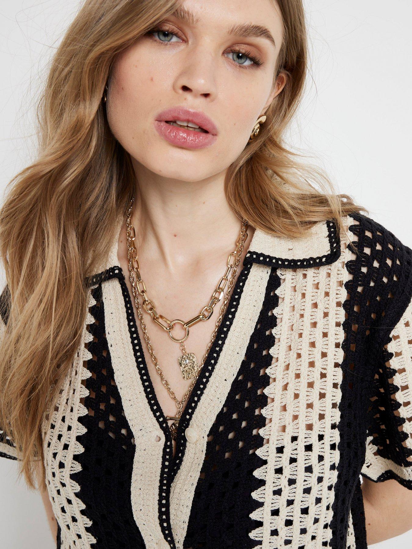 River Island Crochet Stripe Polo Black Very.co.uk