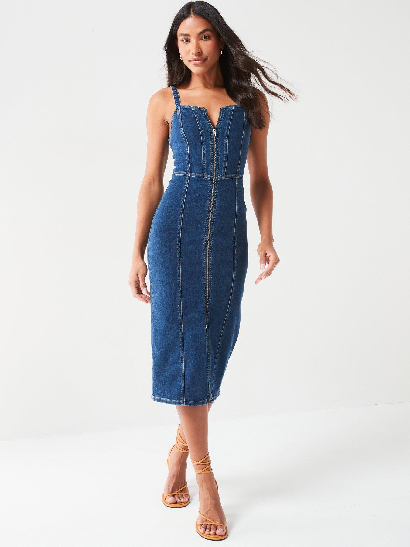 V by Very Zip Front Denim Midi Dress - Dark Wash | Very.co.uk