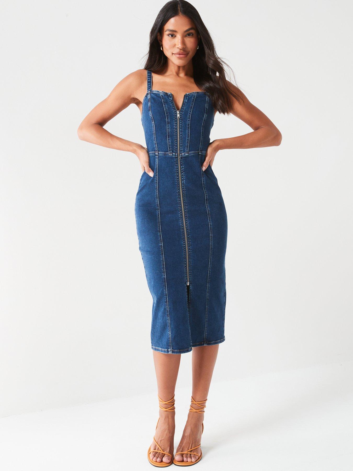 V by Very Zip Front Denim Midi Dress - Dark Wash | Very.co.uk