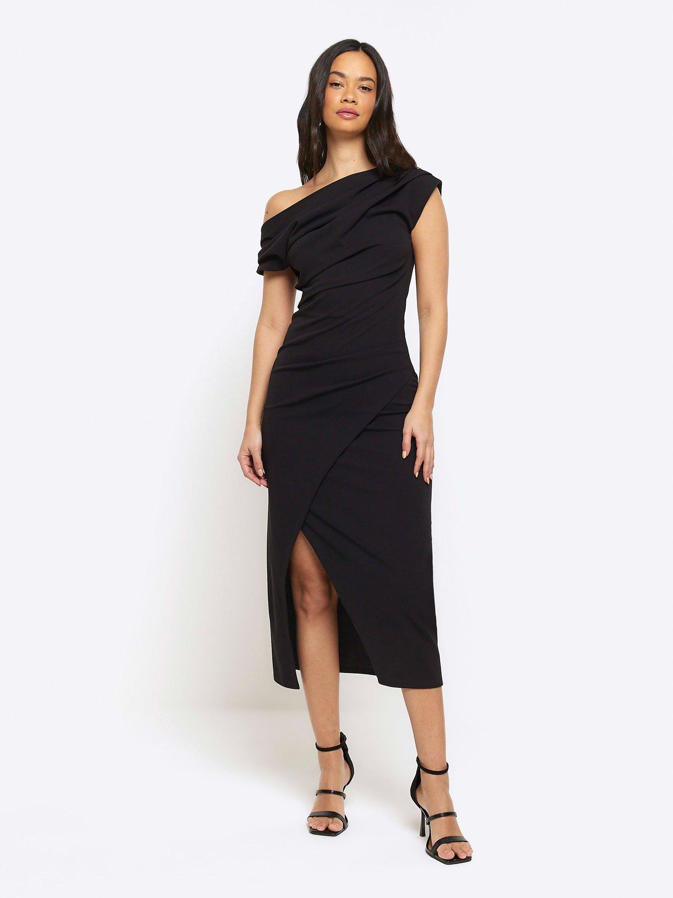 Asymmetric Drape Wrap Dress Black