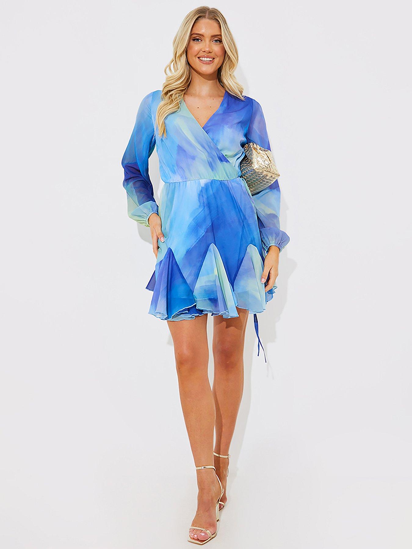 In The Style Perrie Sian Blue Tie Dye Godet Detail Wrap Swing