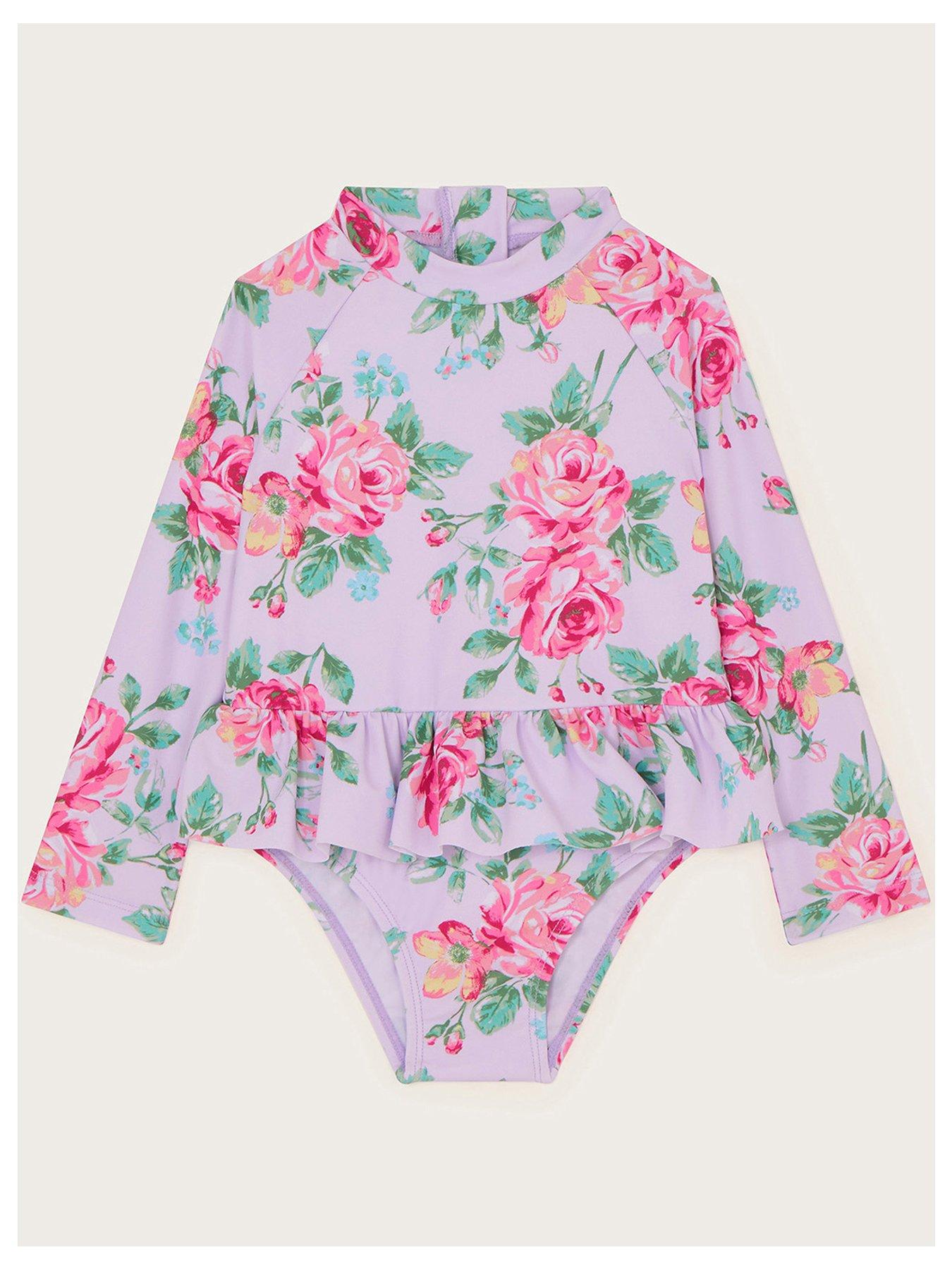 Monsoon Baby Girls Rose Skirted UPF50 Long Sleeve Swimsuit Lilac Very