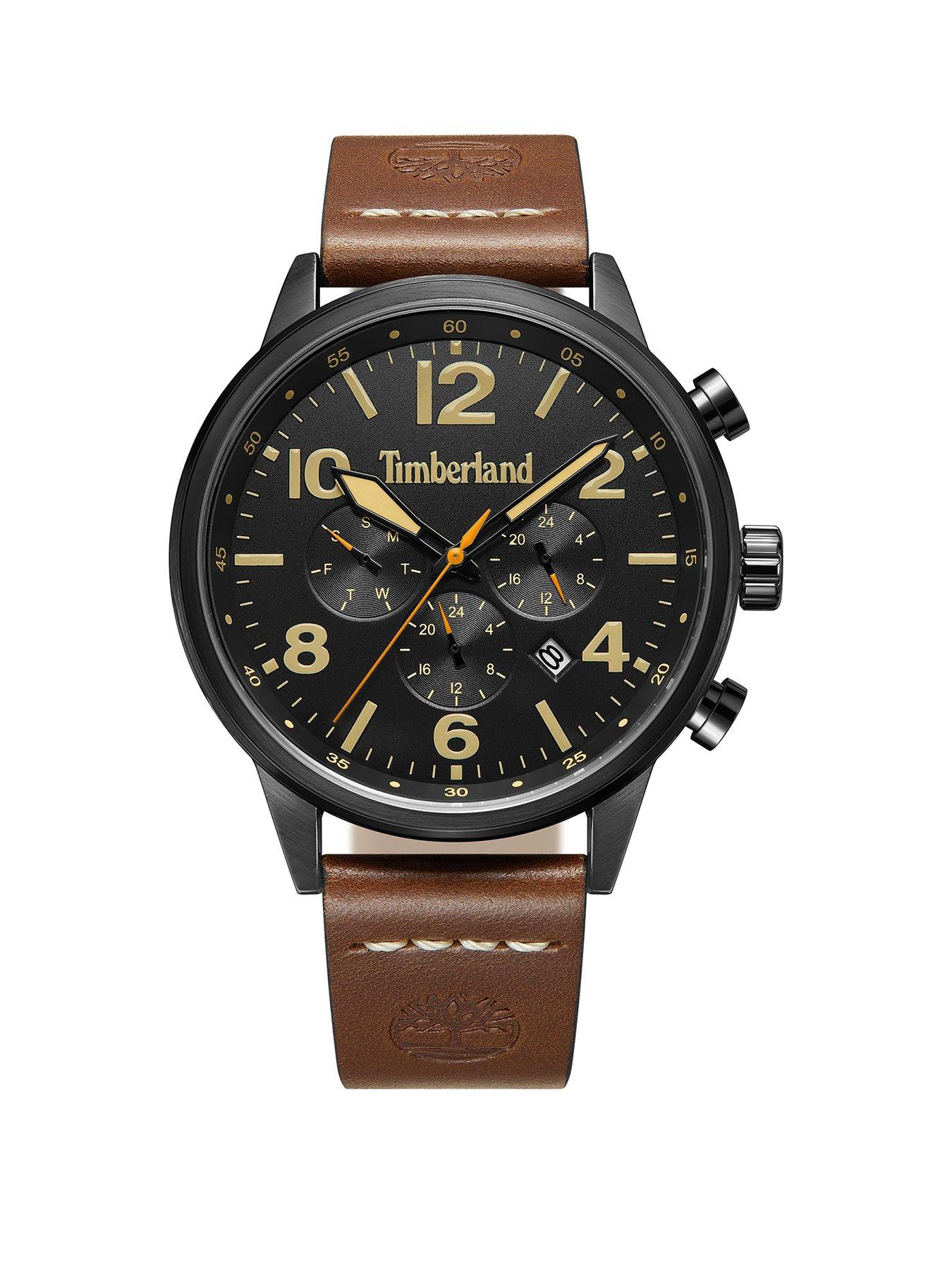 Product photograph of Timberland Myrtle Black Multi Dial Brown Leather Strap 3atm Watch from very.co.uk