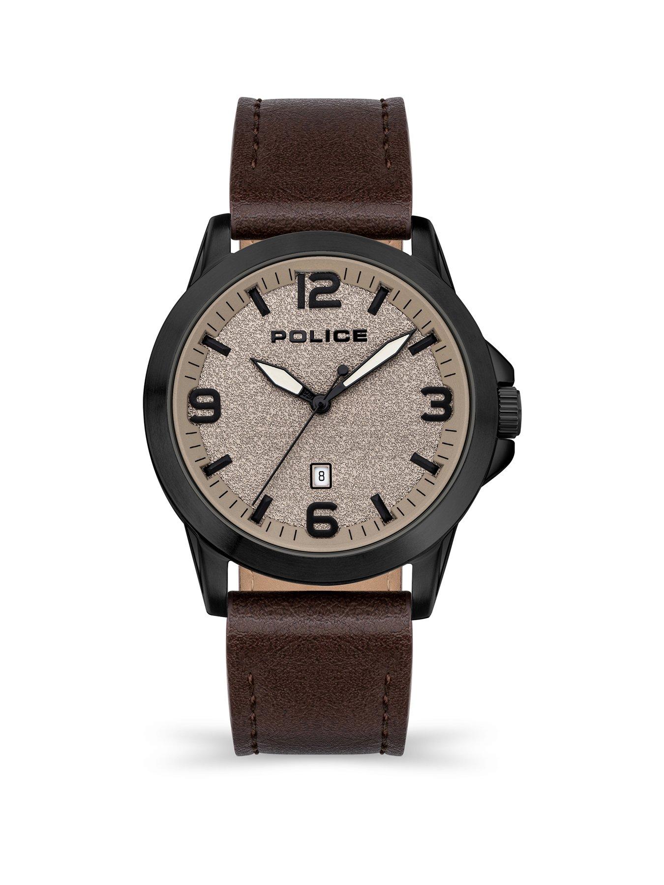Product photograph of Police Cliff Ipb Brown Leather Strap Watch from very.co.uk
