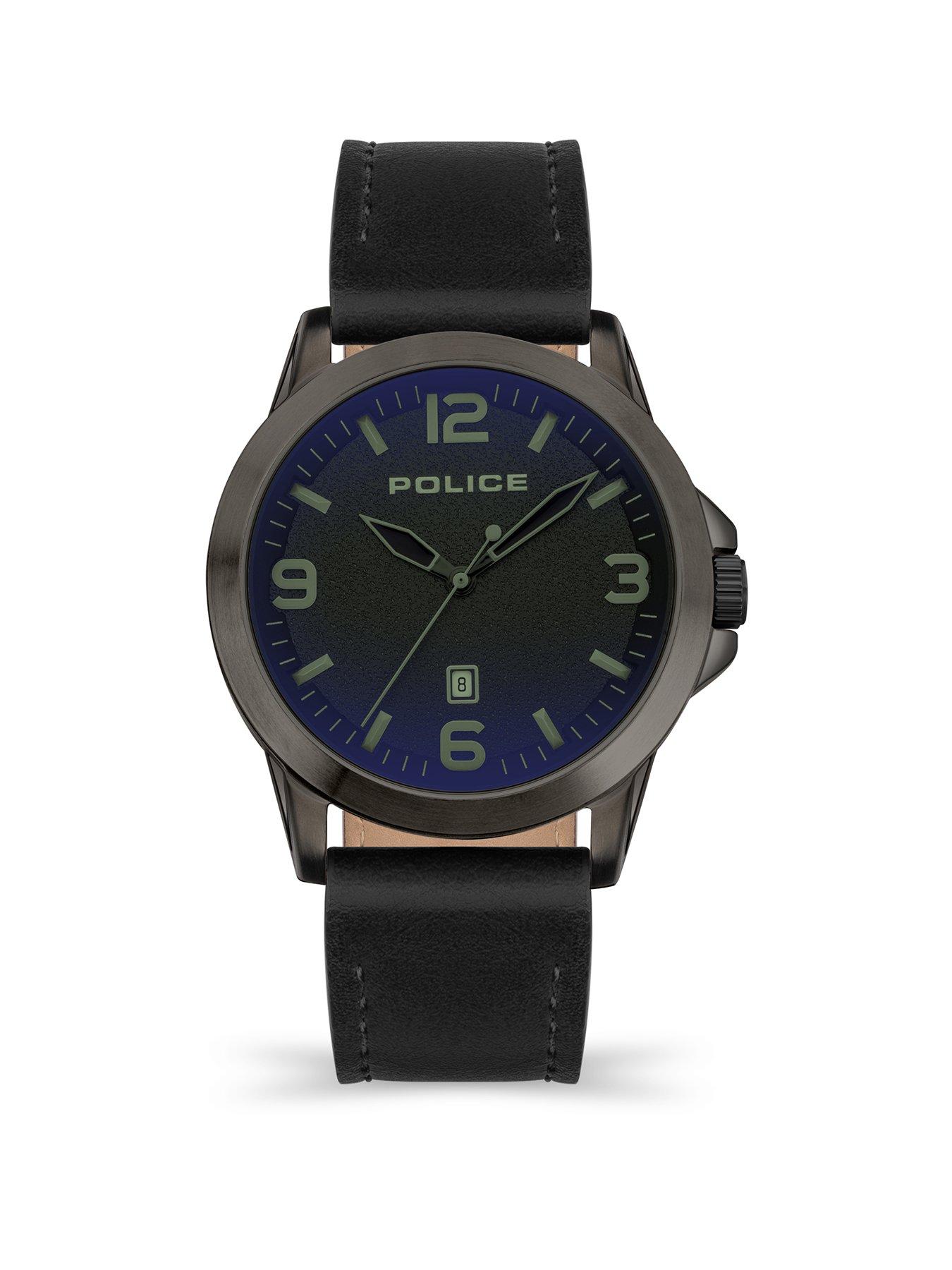 Product photograph of Police Cliff Gun Black Leather Strap Watch from very.co.uk