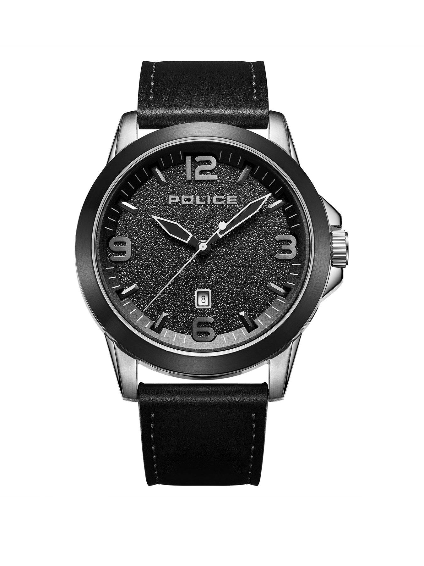 Product photograph of Police Cliff Stainless Steel Black Leather Strap Watch from very.co.uk