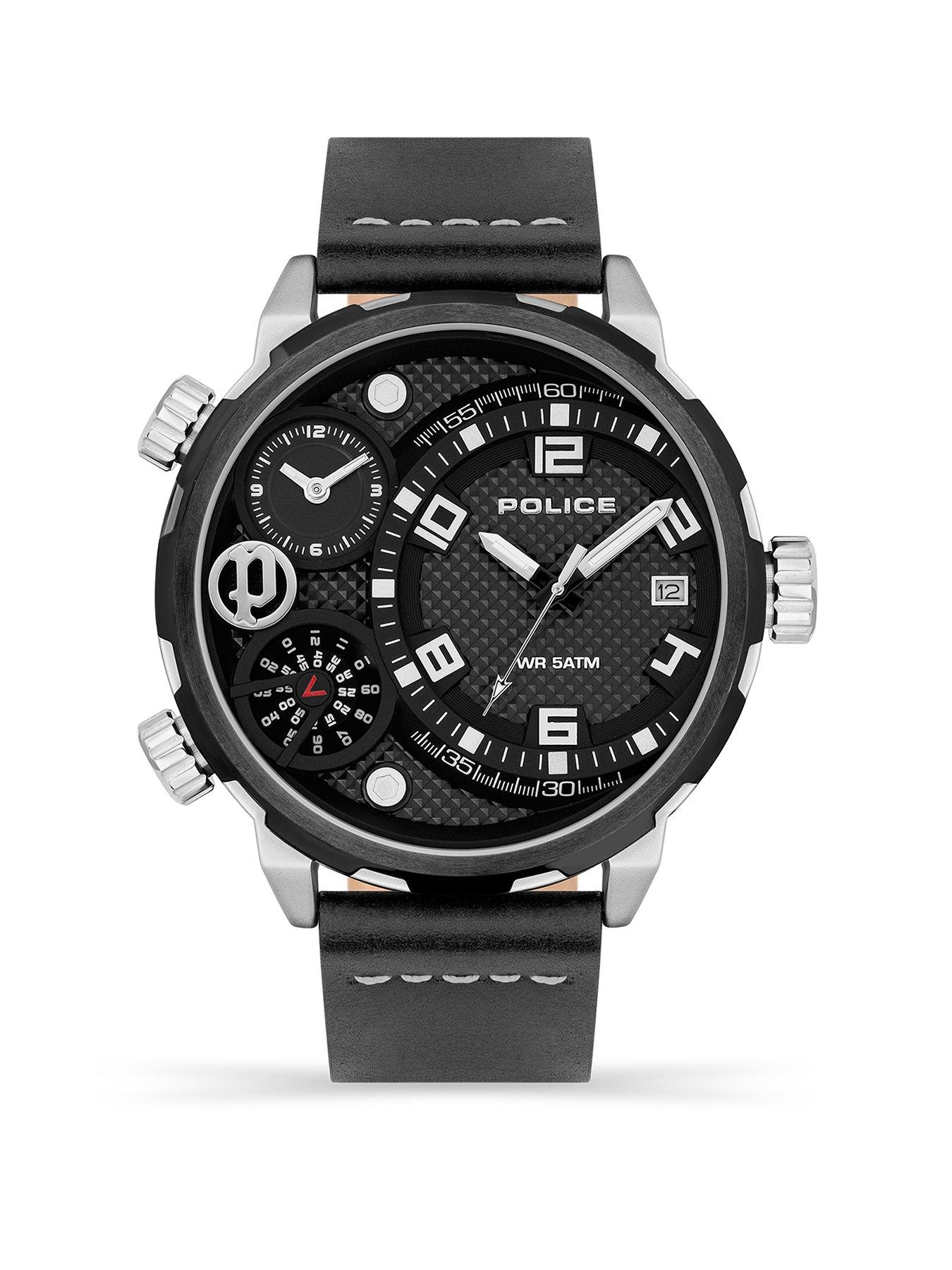 Police Ray Multi Dial Black Leather Strap Watch | Very.co.uk