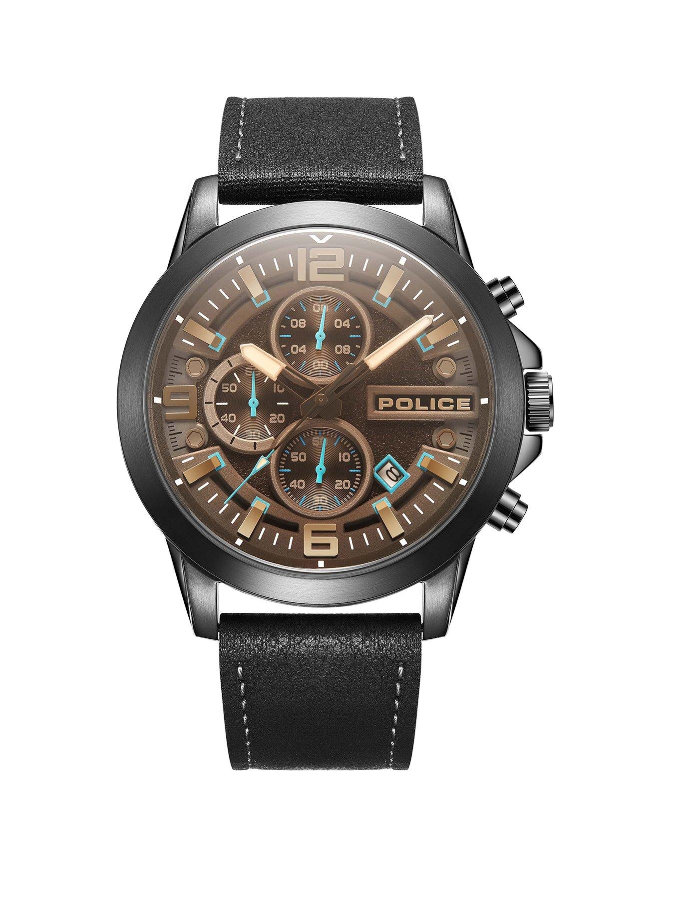 Product photograph of Police Flow Black Chrono Black Leather Strap Watch from very.co.uk