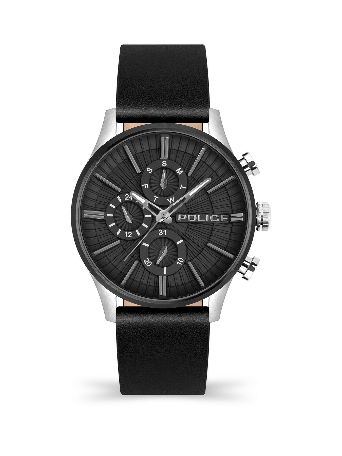 Police Barter SS Muli Dial Black Leather Strap 5 ATM Watch