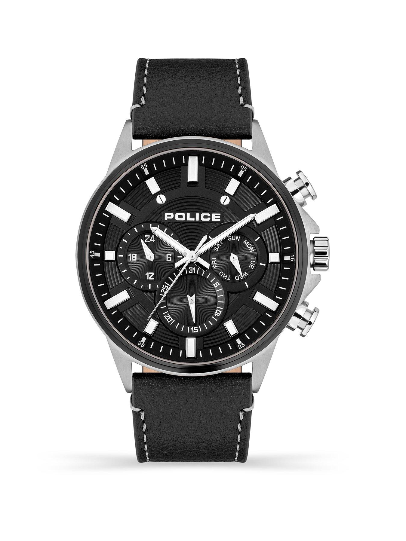 Product photograph of Police Kismet Ss Multi Dial Black Leather Strap Watch from very.co.uk