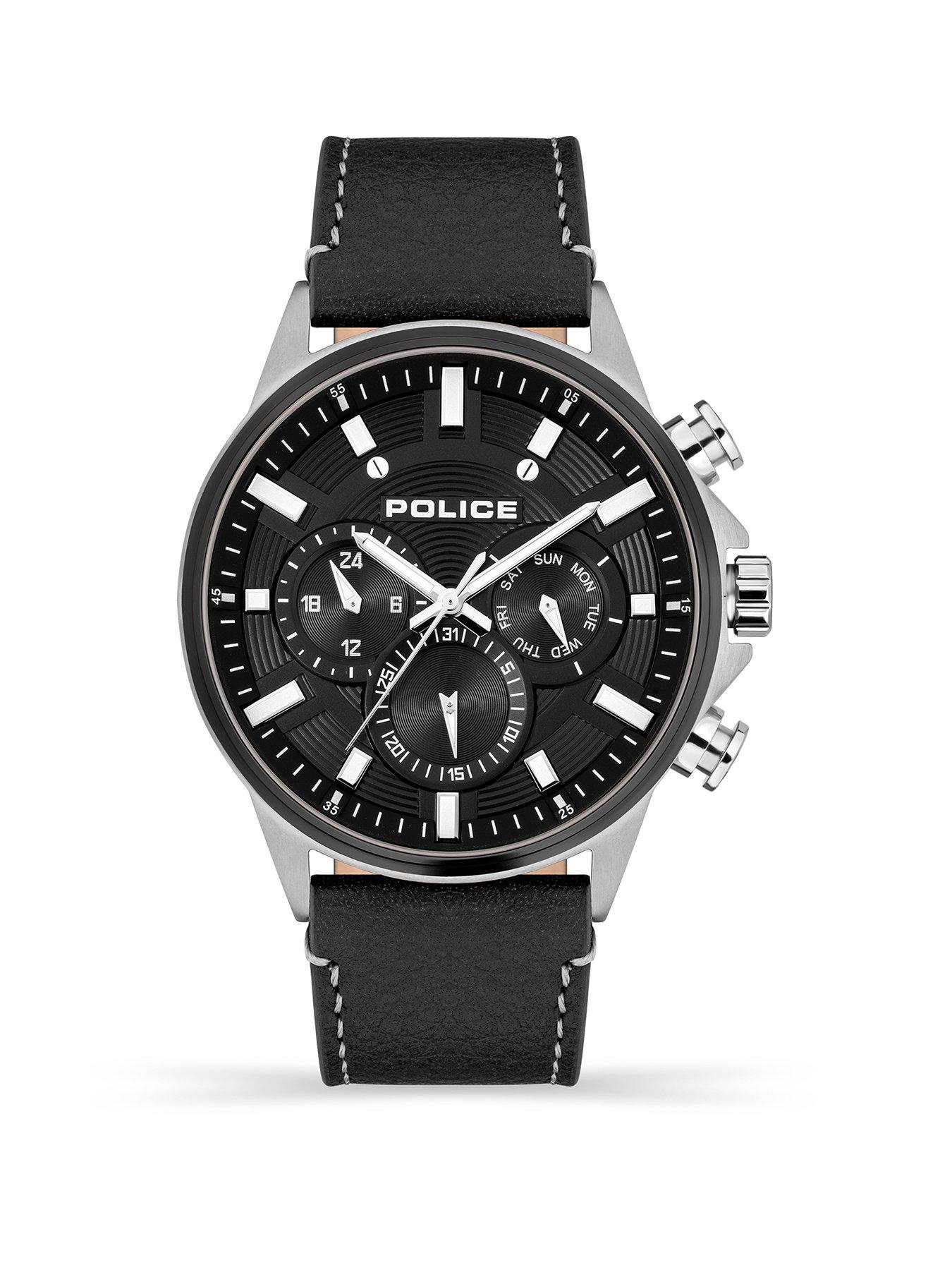 Police Kismet SS Multi Dial Black Leather Strap Watch