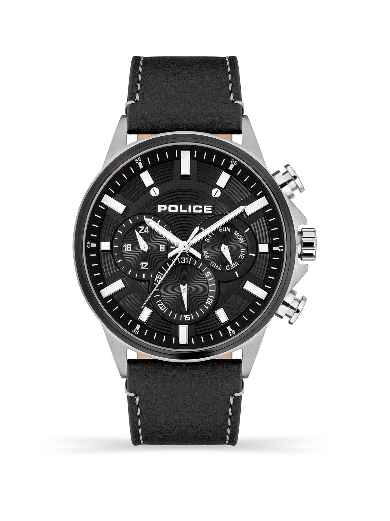 Police Kismet SS Multi Dial Black Leather Strap Watch