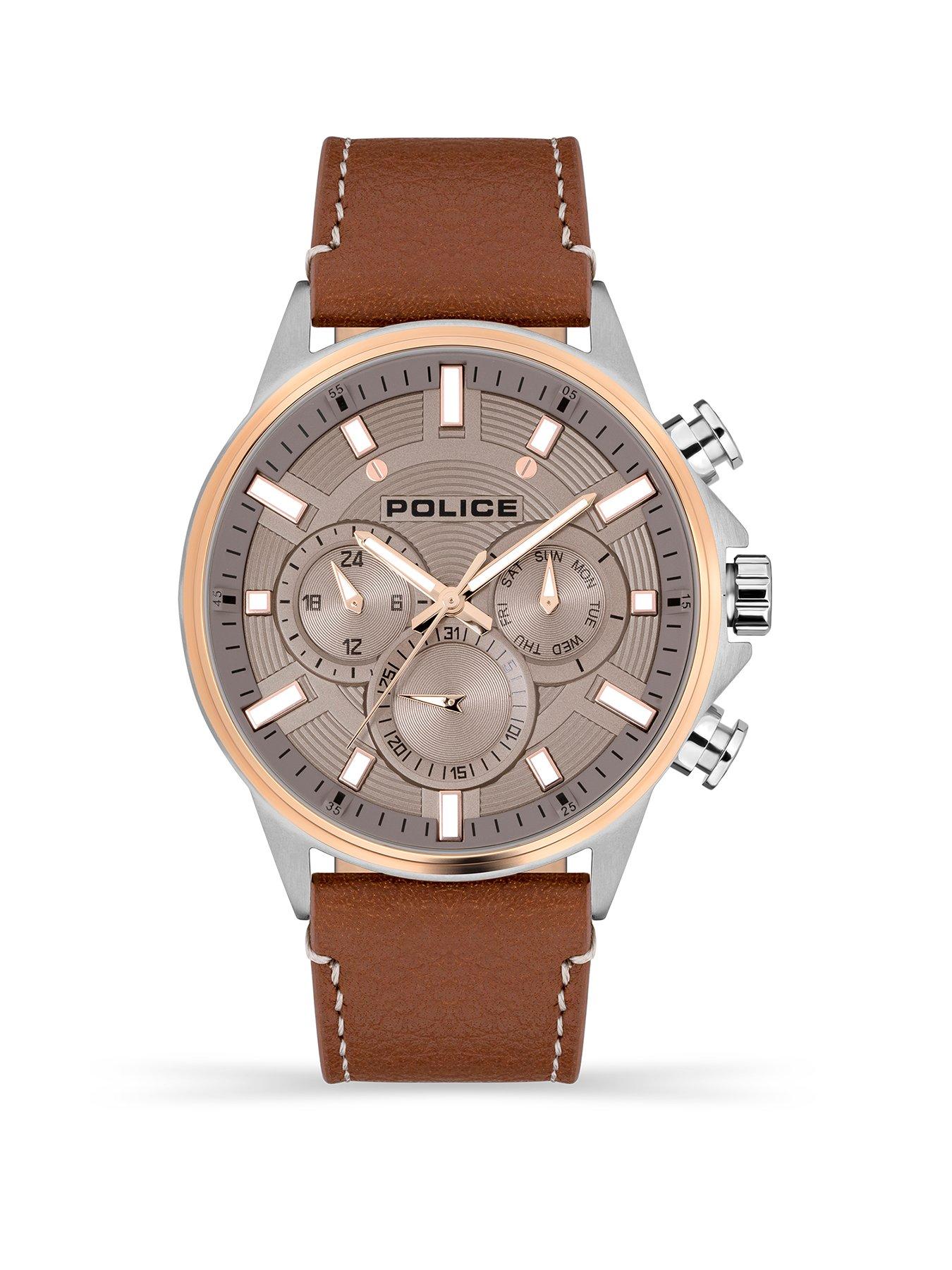 Product photograph of Police Kismet Ss Multi Dial Brown Leather Strap Watch from very.co.uk