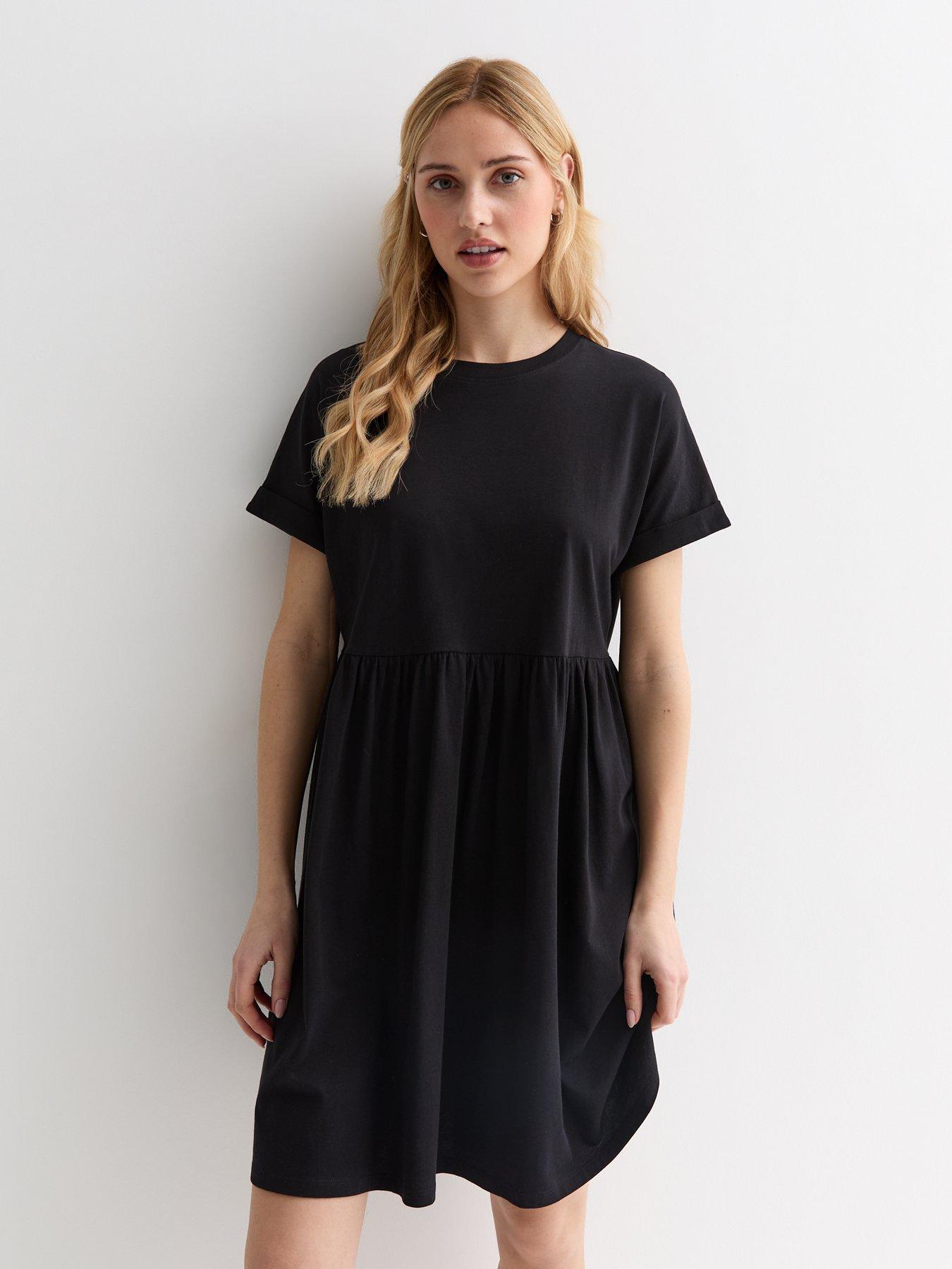 Black Cotton Short Sleeve Mini Smock Dress